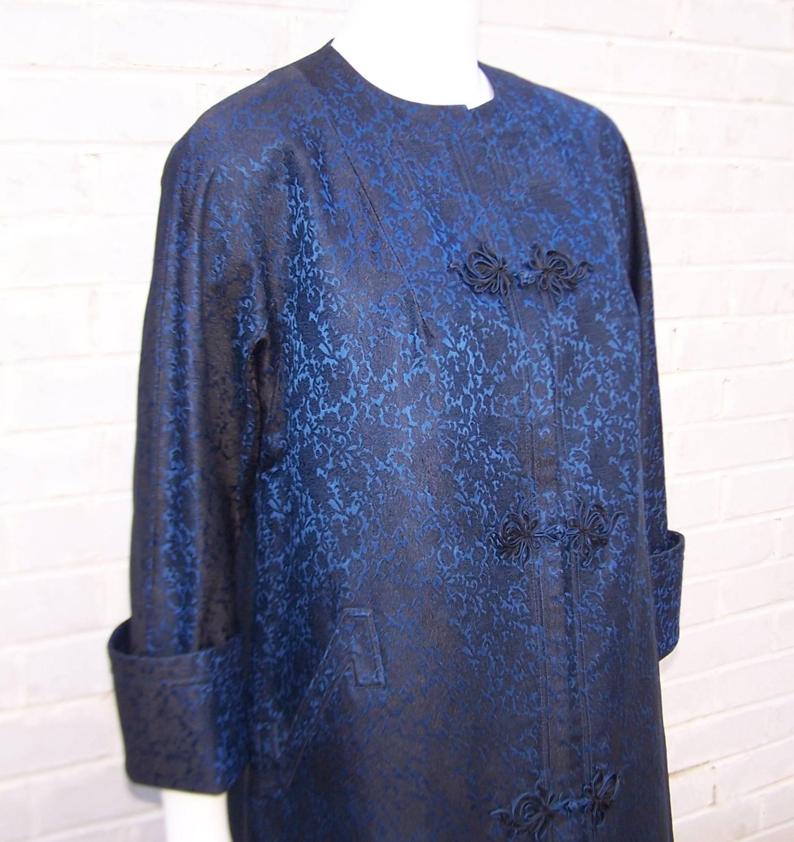 Purple C.1950 Mandarin Style Black & Blue Jacquard Evening Coat