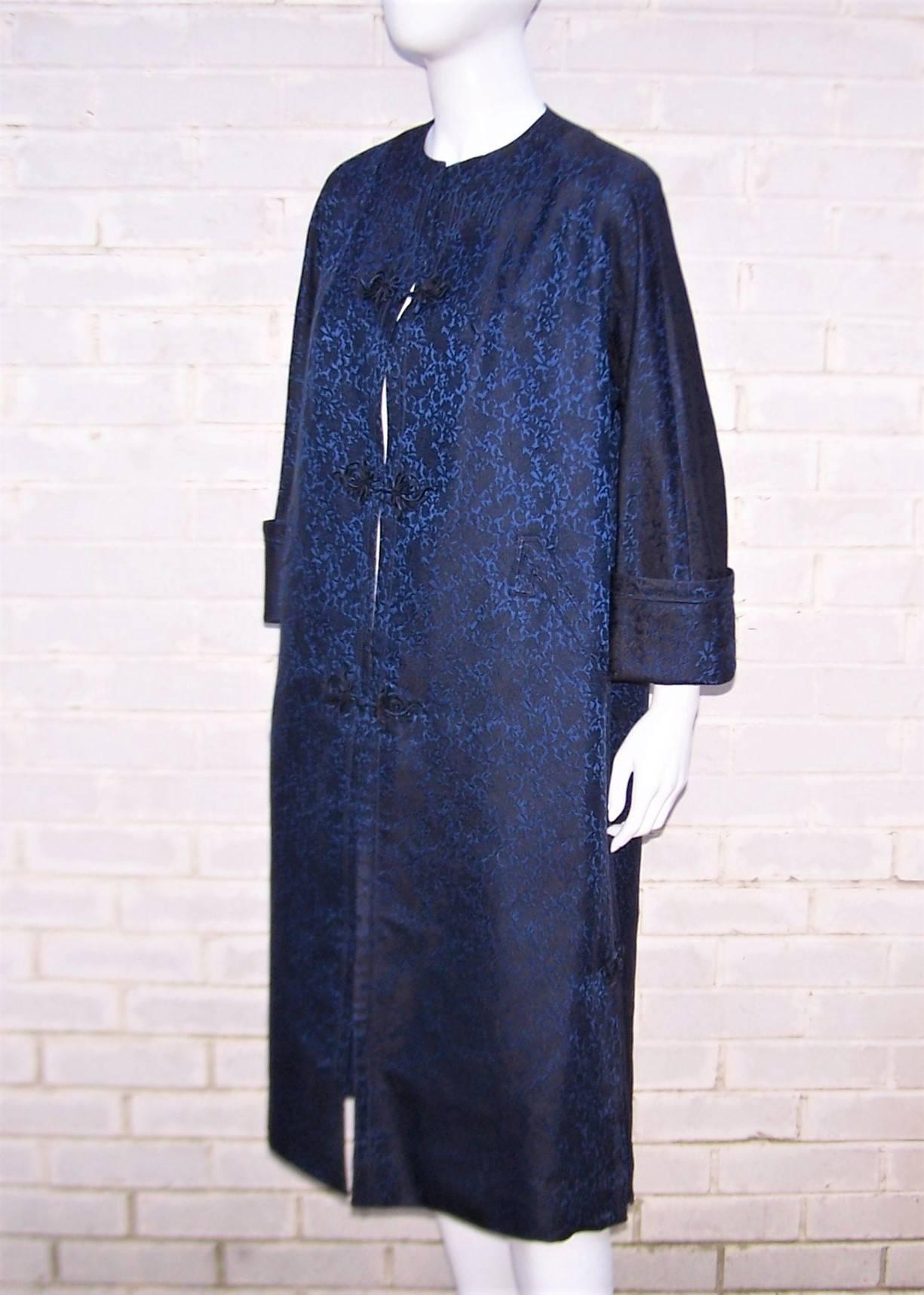 C.1950 Mandarin Style Black & Blue Jacquard Evening Coat 1