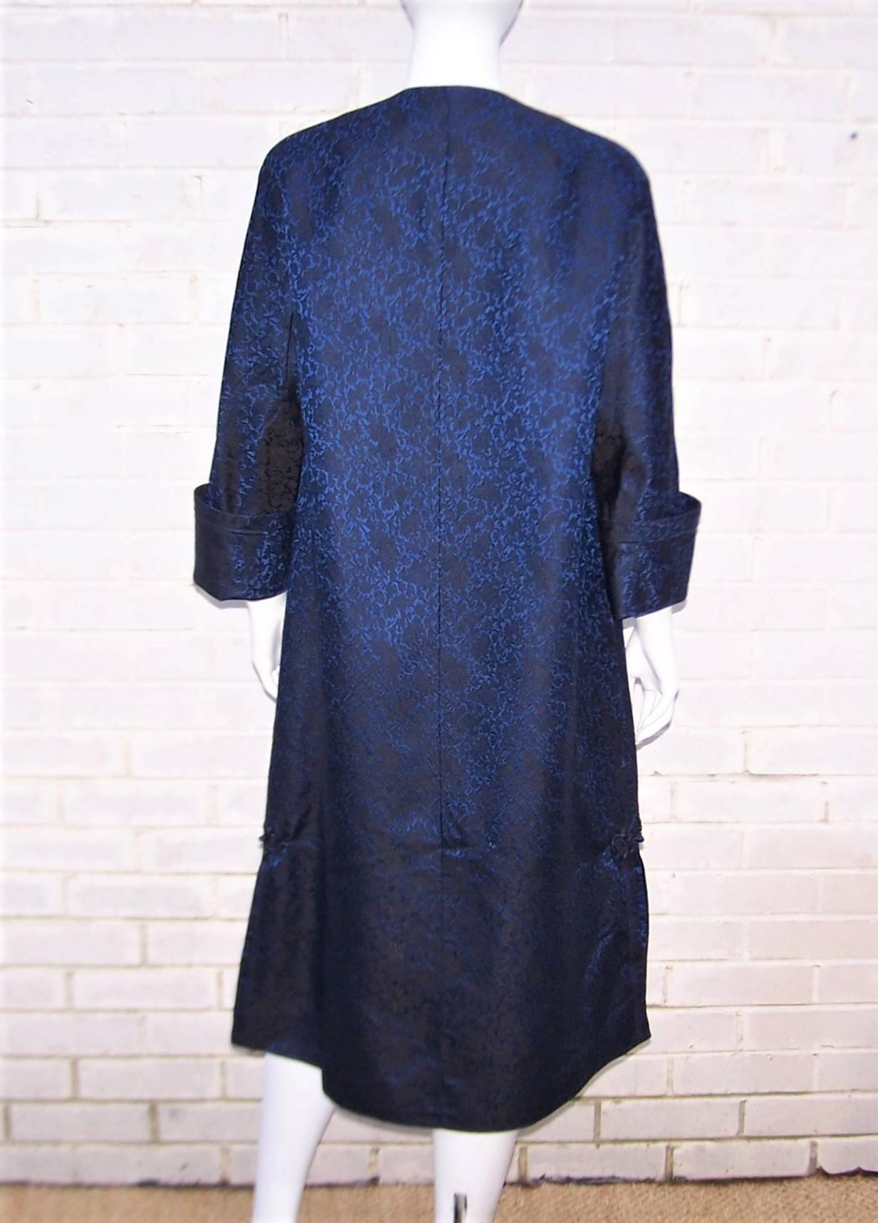 C.1950 Mandarin Style Black & Blue Jacquard Evening Coat 4
