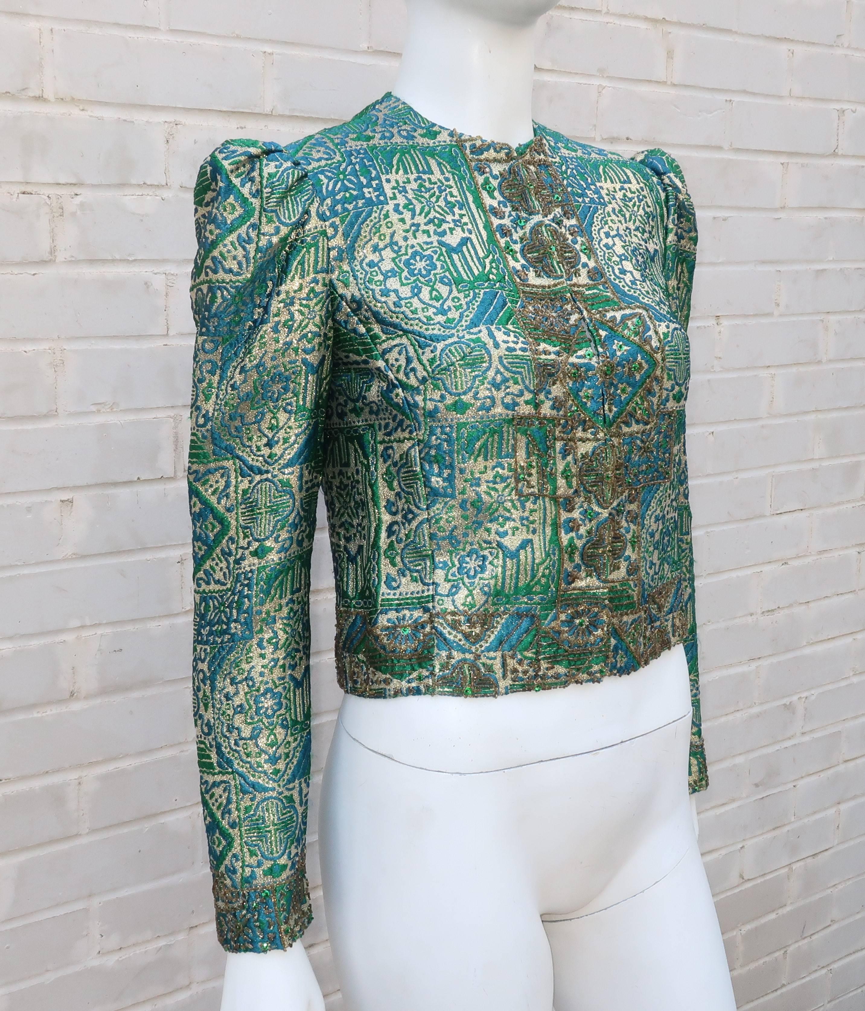 Regal 1960's Victoria Royal Fitted Brocade Jacket with Beading In Excellent Condition In Atlanta, GA