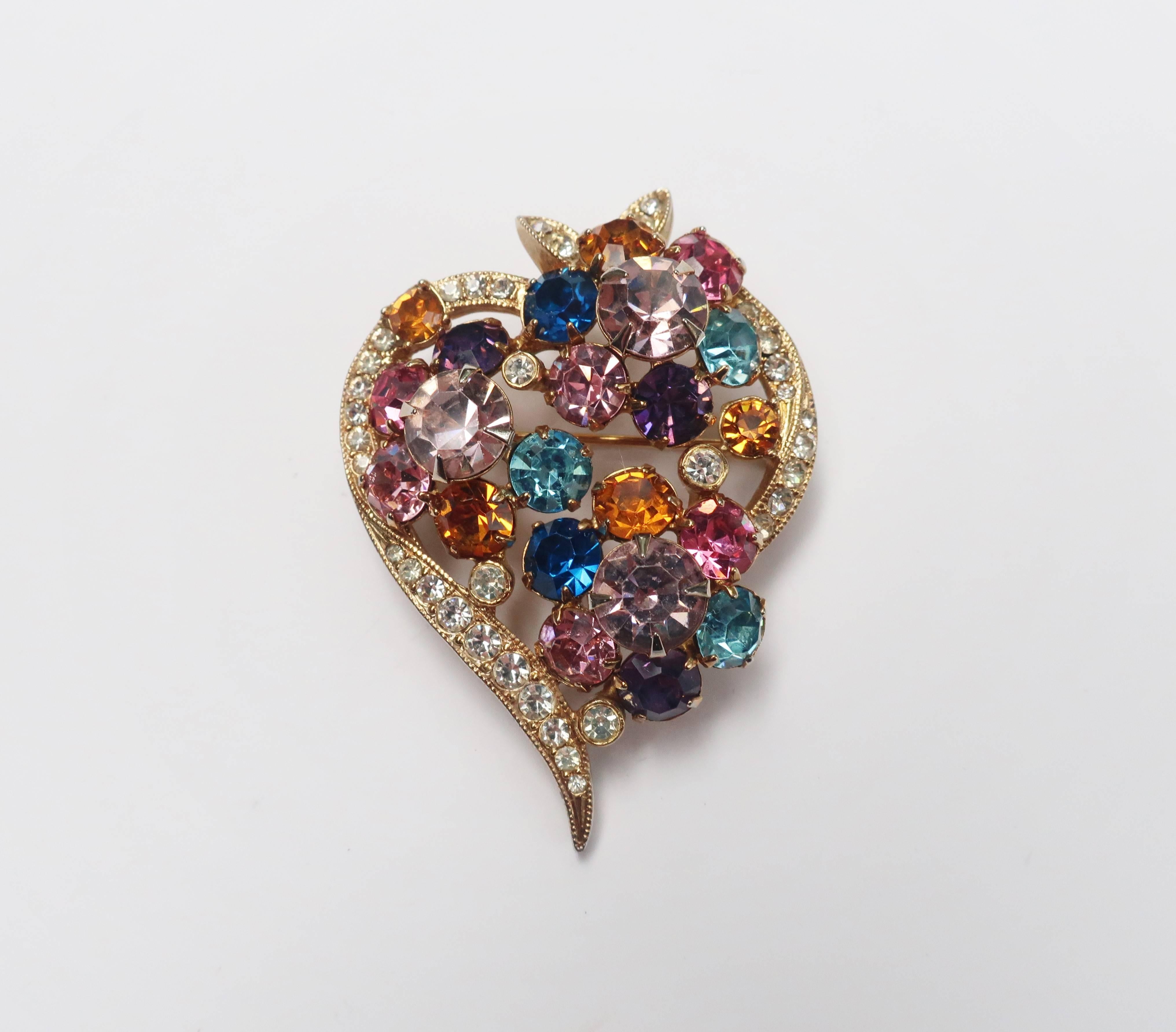 Retro Glorious 1950's Eisenberg Rhinestone Heart Shaped Brooch