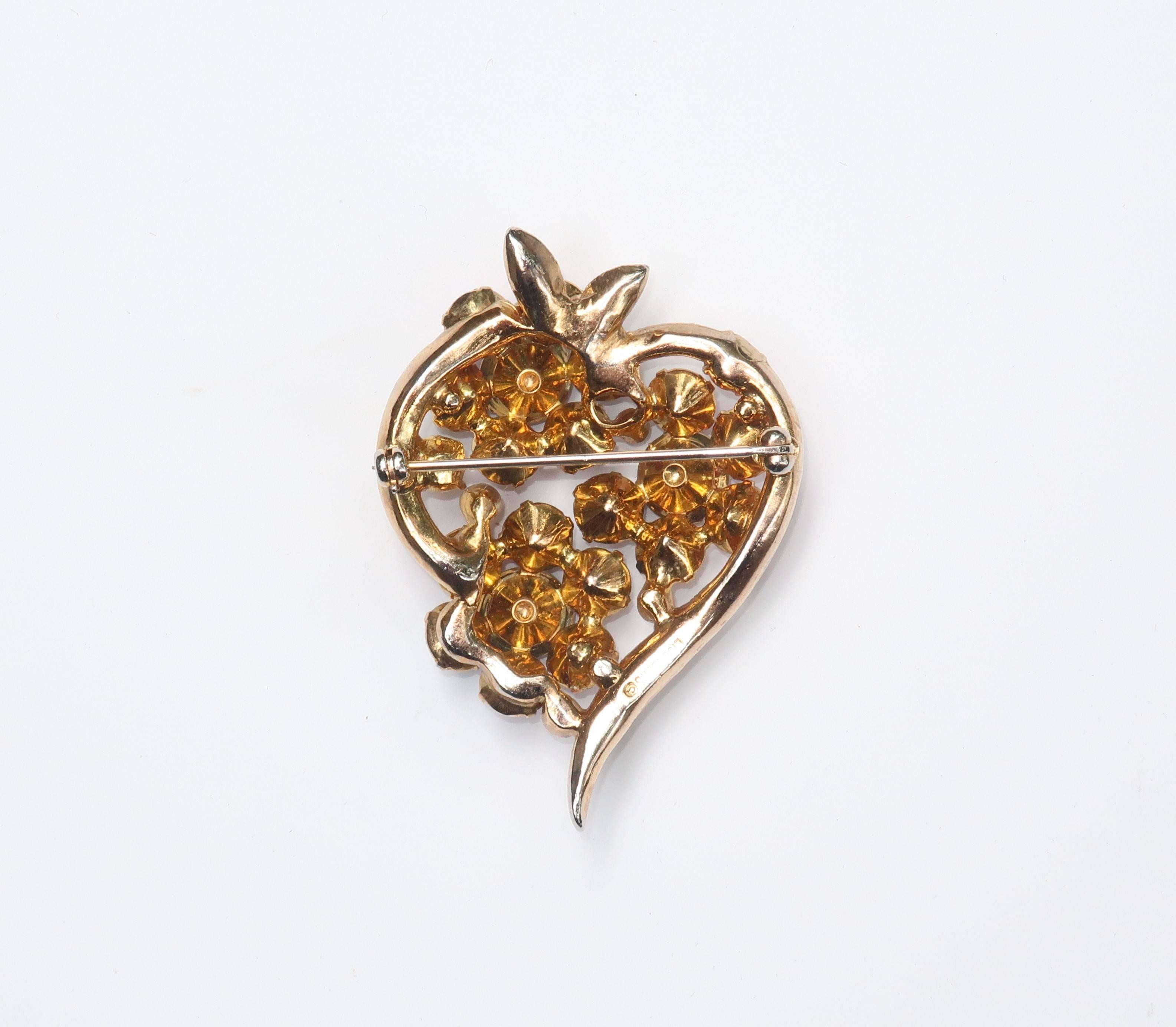 Glorious 1950's Eisenberg Rhinestone Heart Shaped Brooch In Excellent Condition In Atlanta, GA