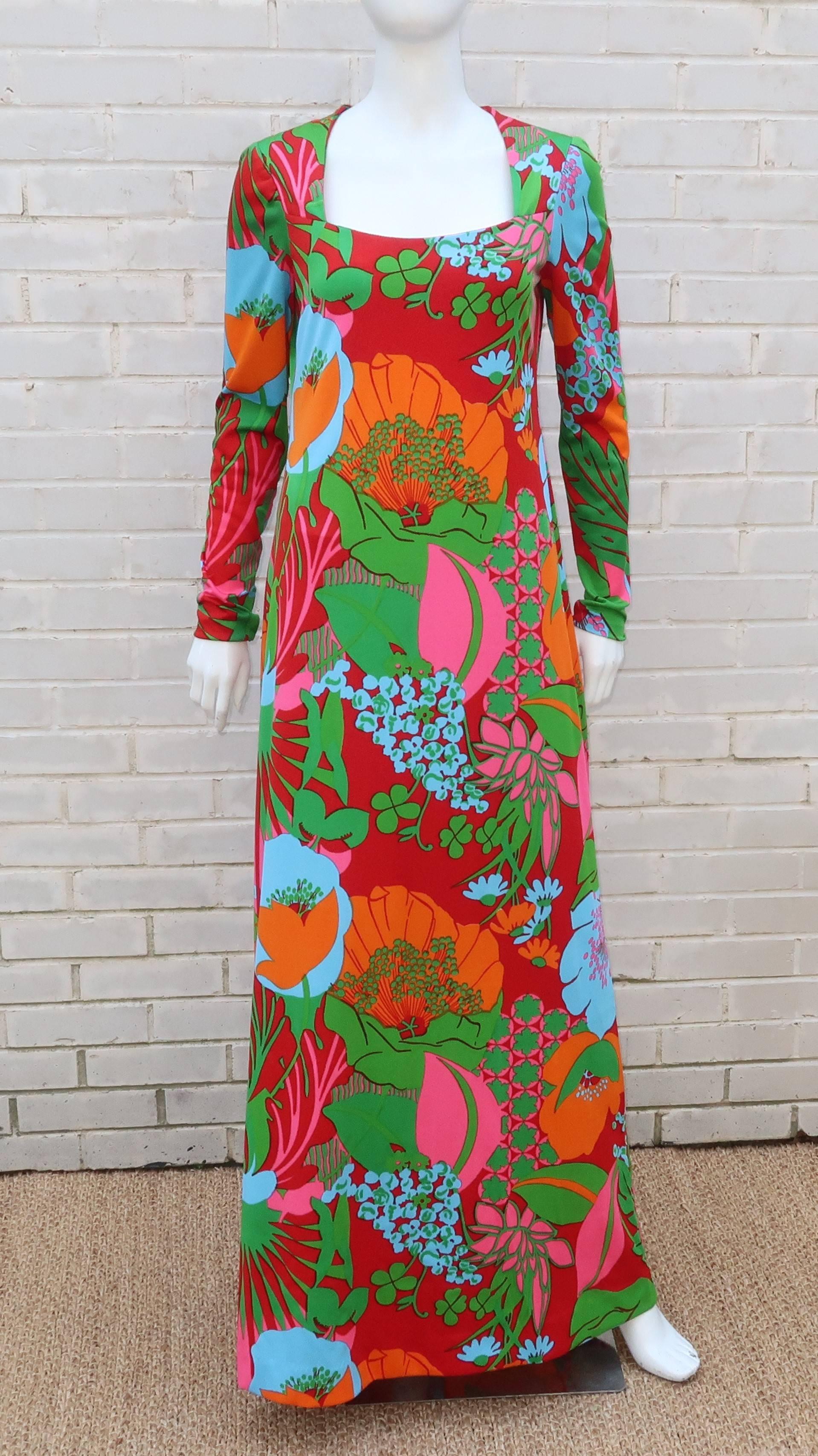 Women's Vibrant 1960's Don Luis de España Mod Tropical Maxi Dress With Overlay