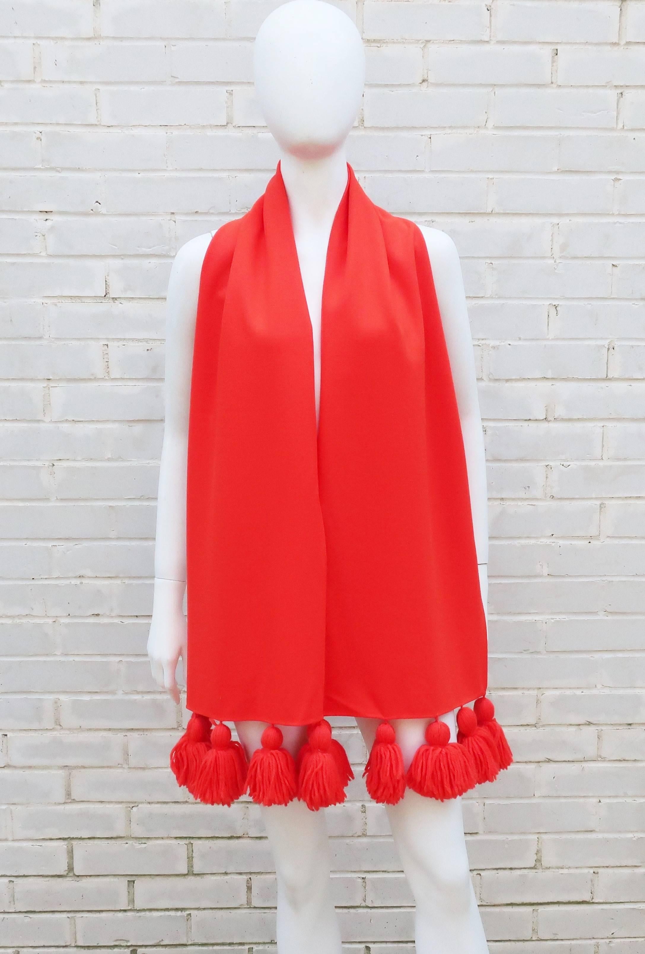 Eye Popping 1960's Neon Red Wool Scarf With Pom Pom Fringe In Excellent Condition In Atlanta, GA