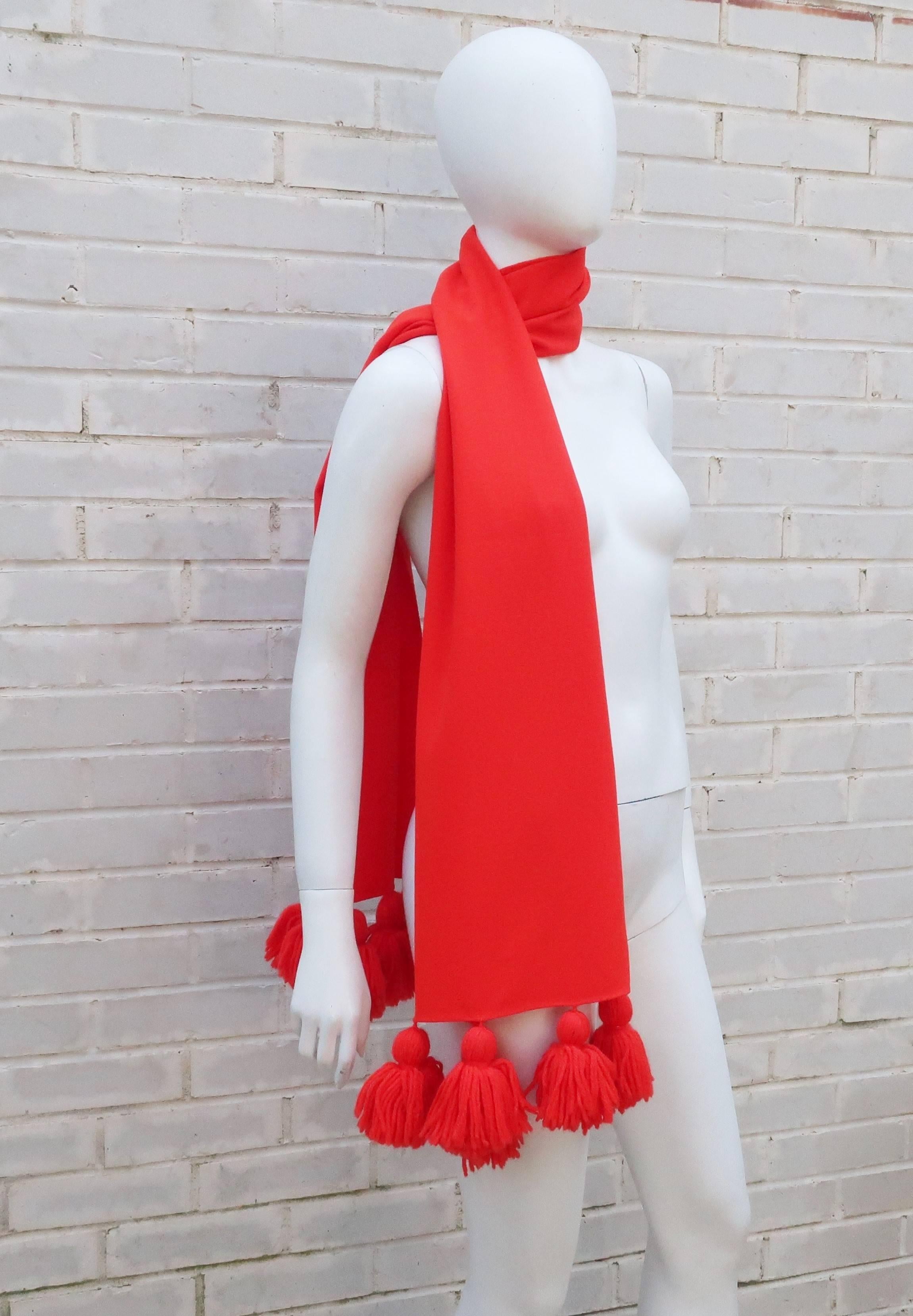 Eye Popping 1960's Neon Red Wool Scarf With Pom Pom Fringe 1