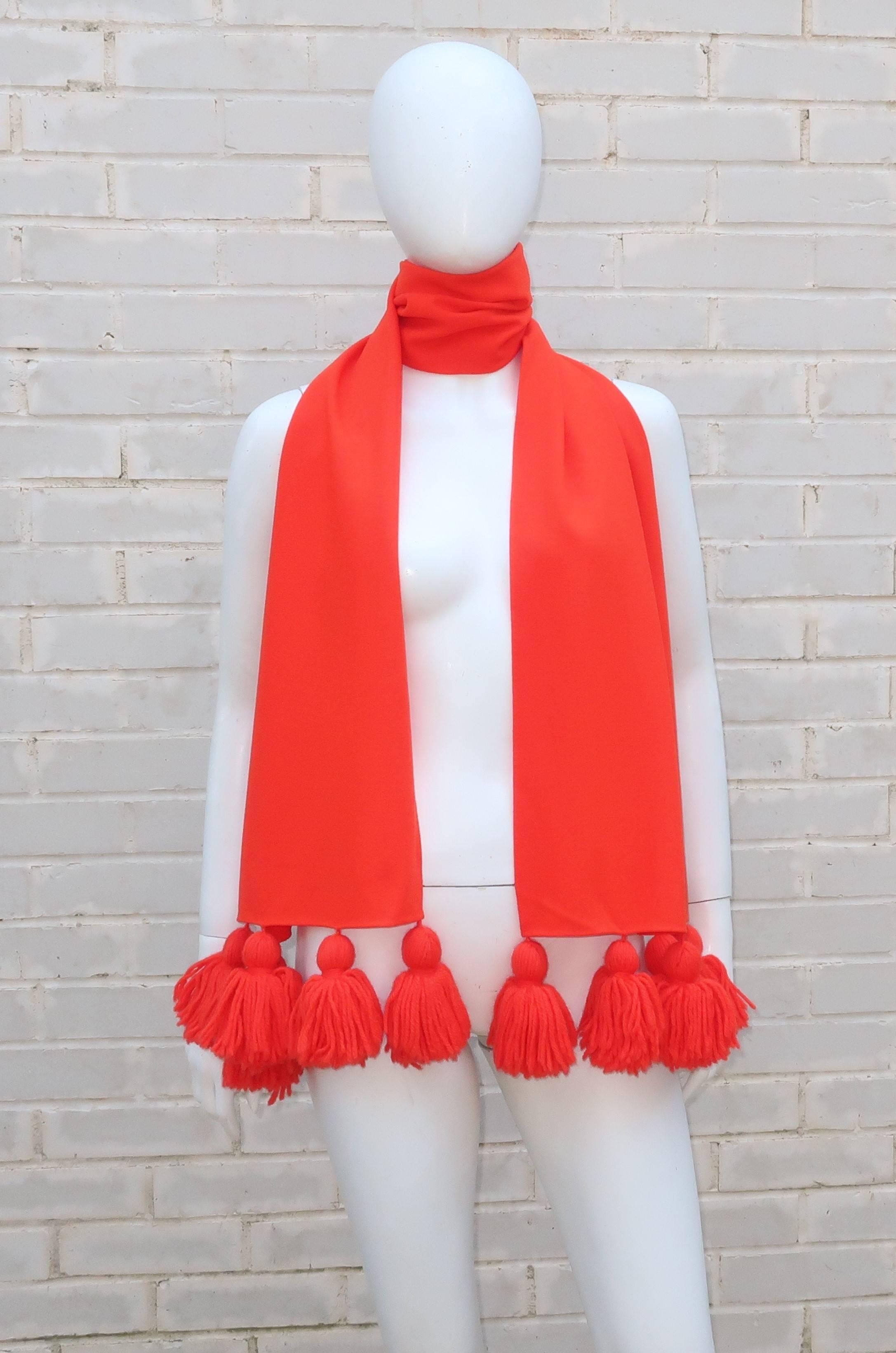 Eye Popping 1960's Neon Red Wool Scarf With Pom Pom Fringe 2