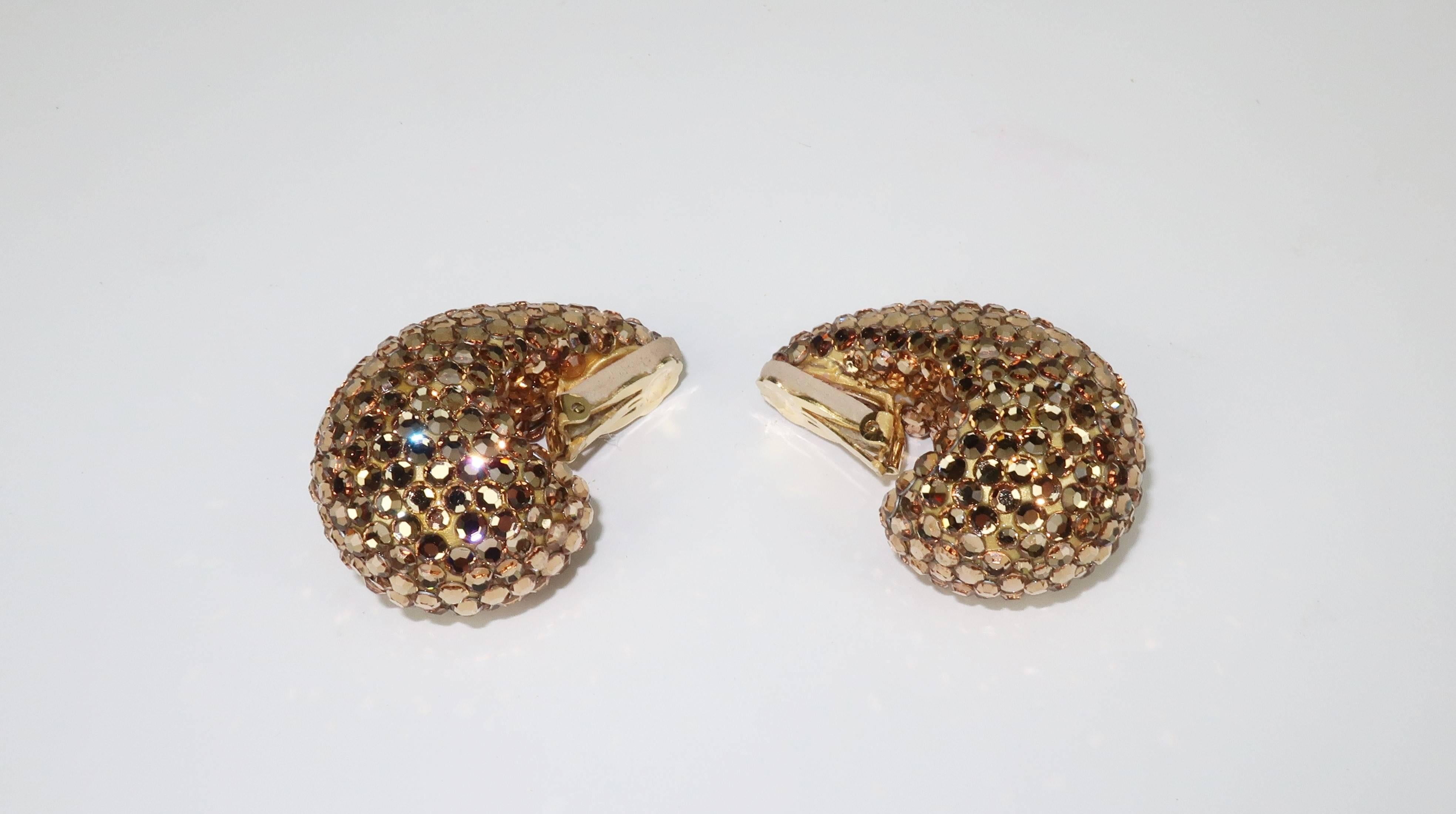 1980's Richard Kerr Nautilus Shaped Gold Pave Crystal Earrings 2