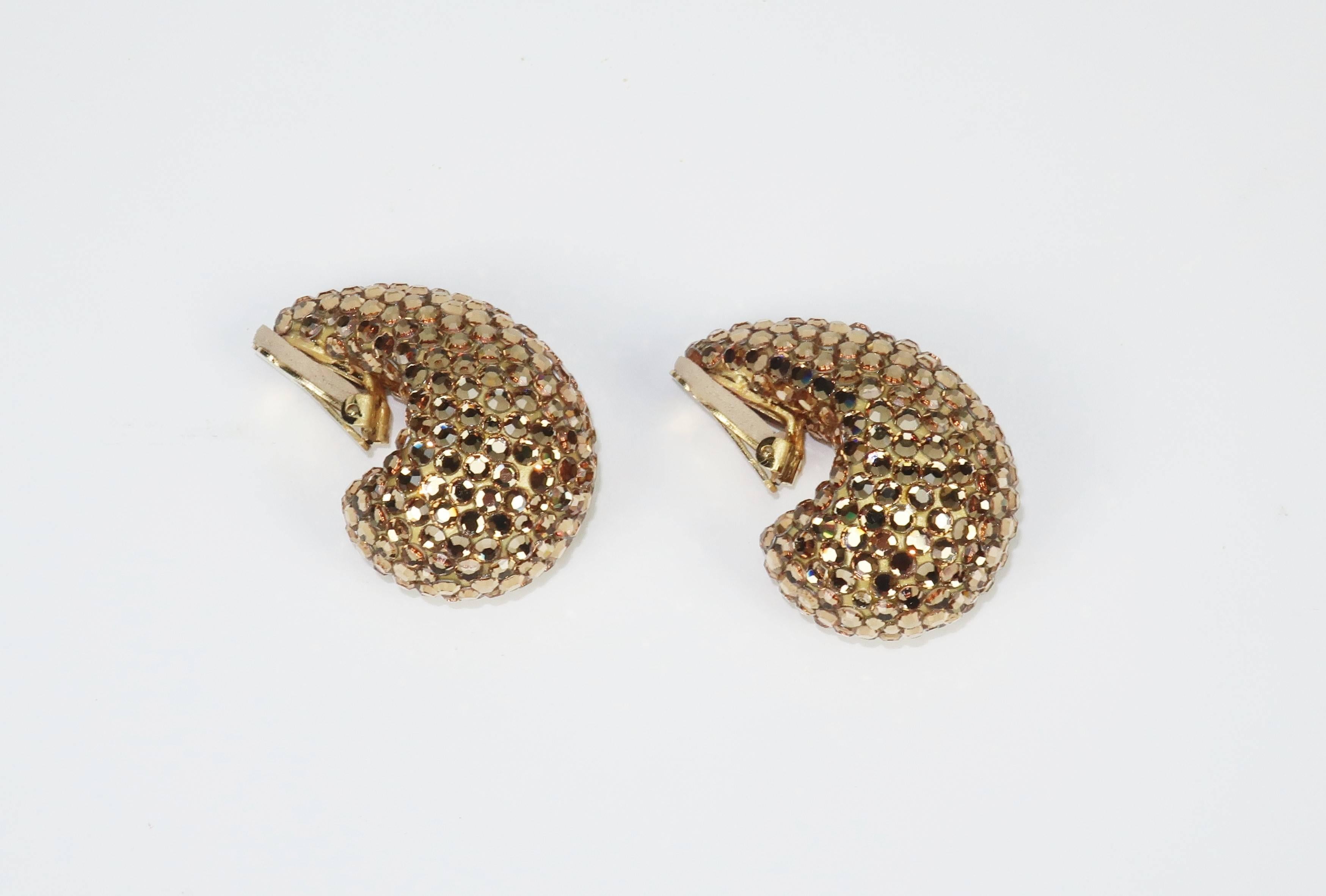 1980's Richard Kerr Nautilus Shaped Gold Pave Crystal Earrings 3