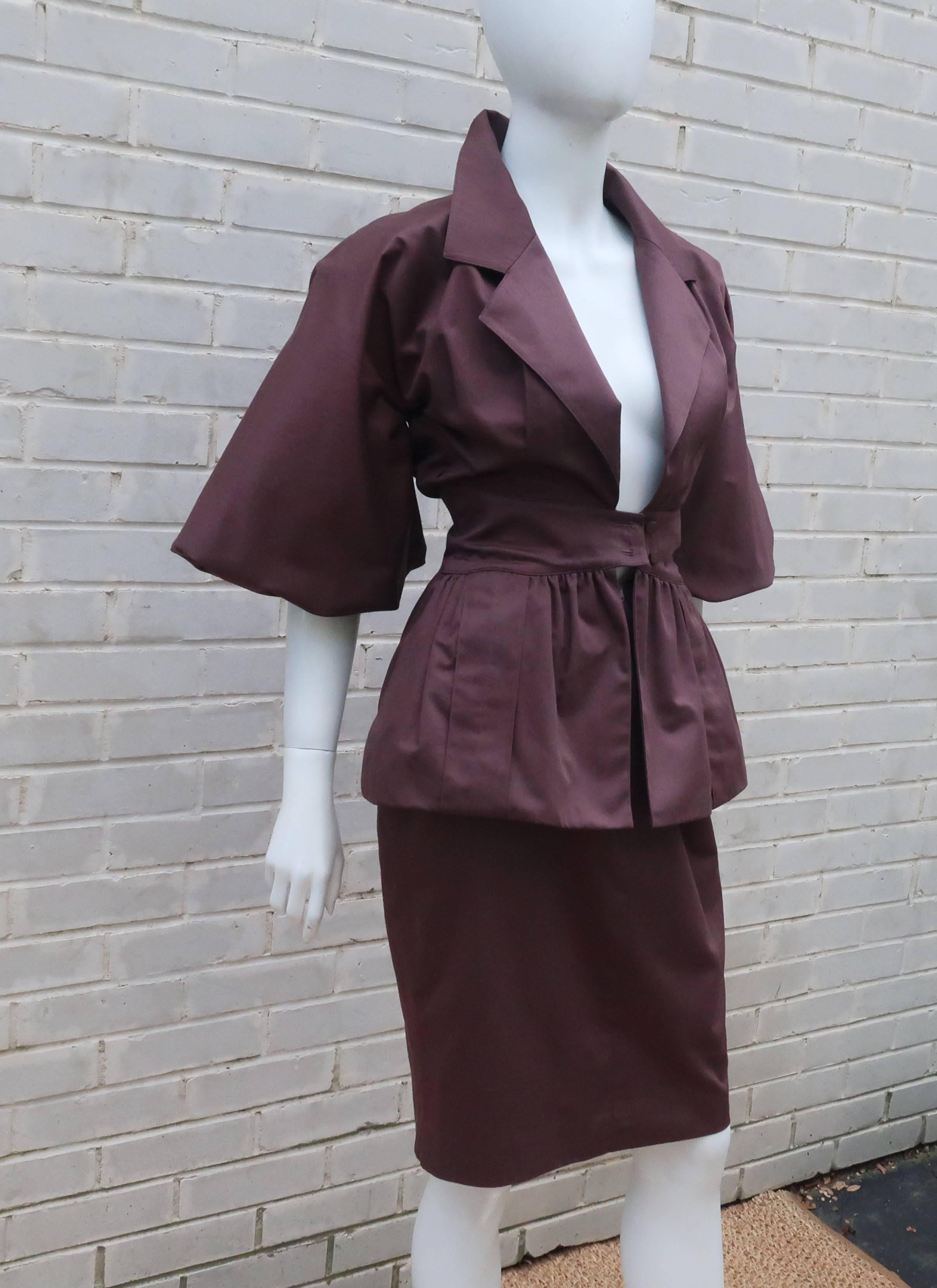 Black 1980's Karl Lagerfeld Brown Polished Cotton Peplum Dress