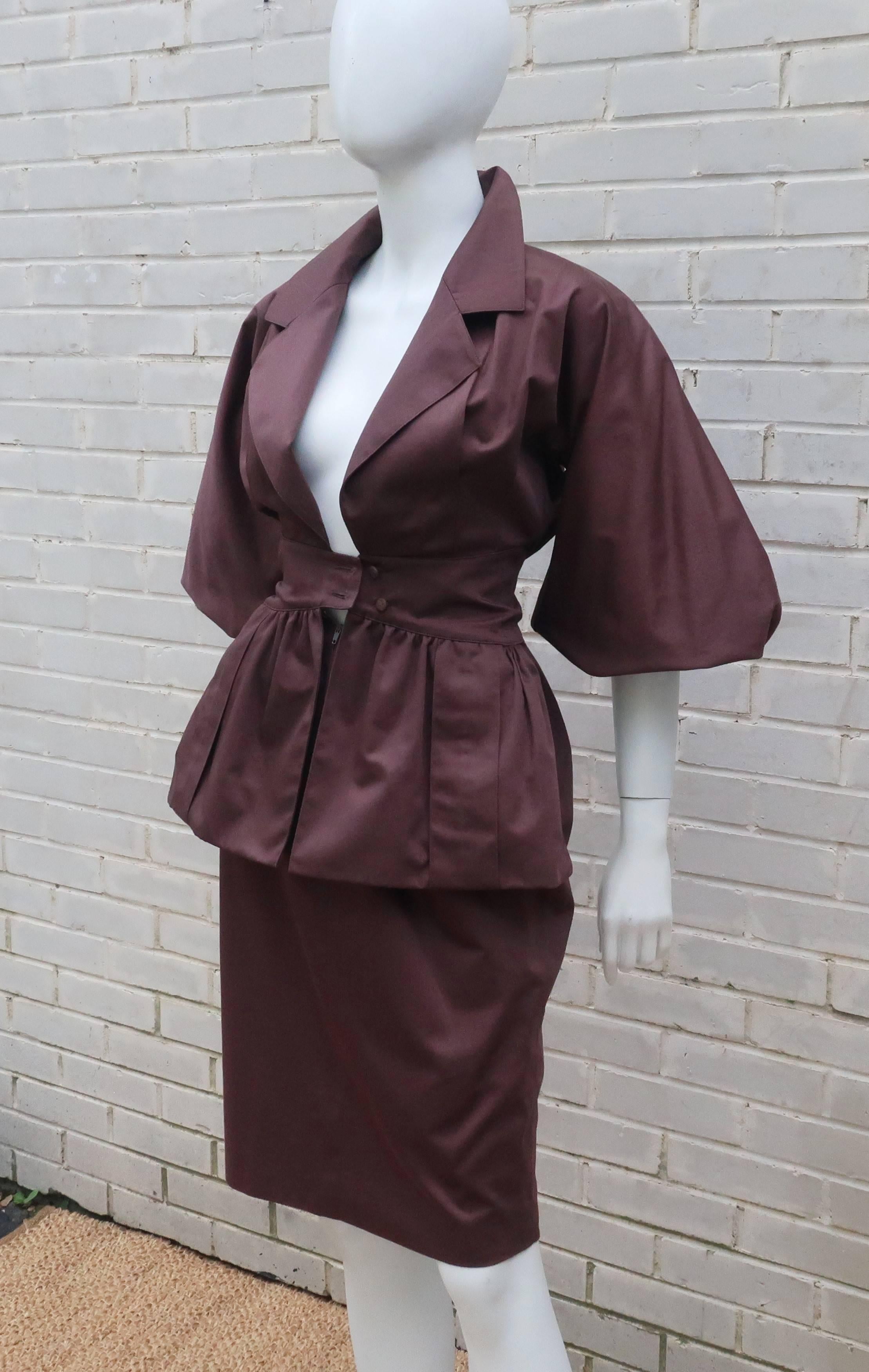 1980's Karl Lagerfeld Brown Polished Cotton Peplum Dress In Good Condition In Atlanta, GA