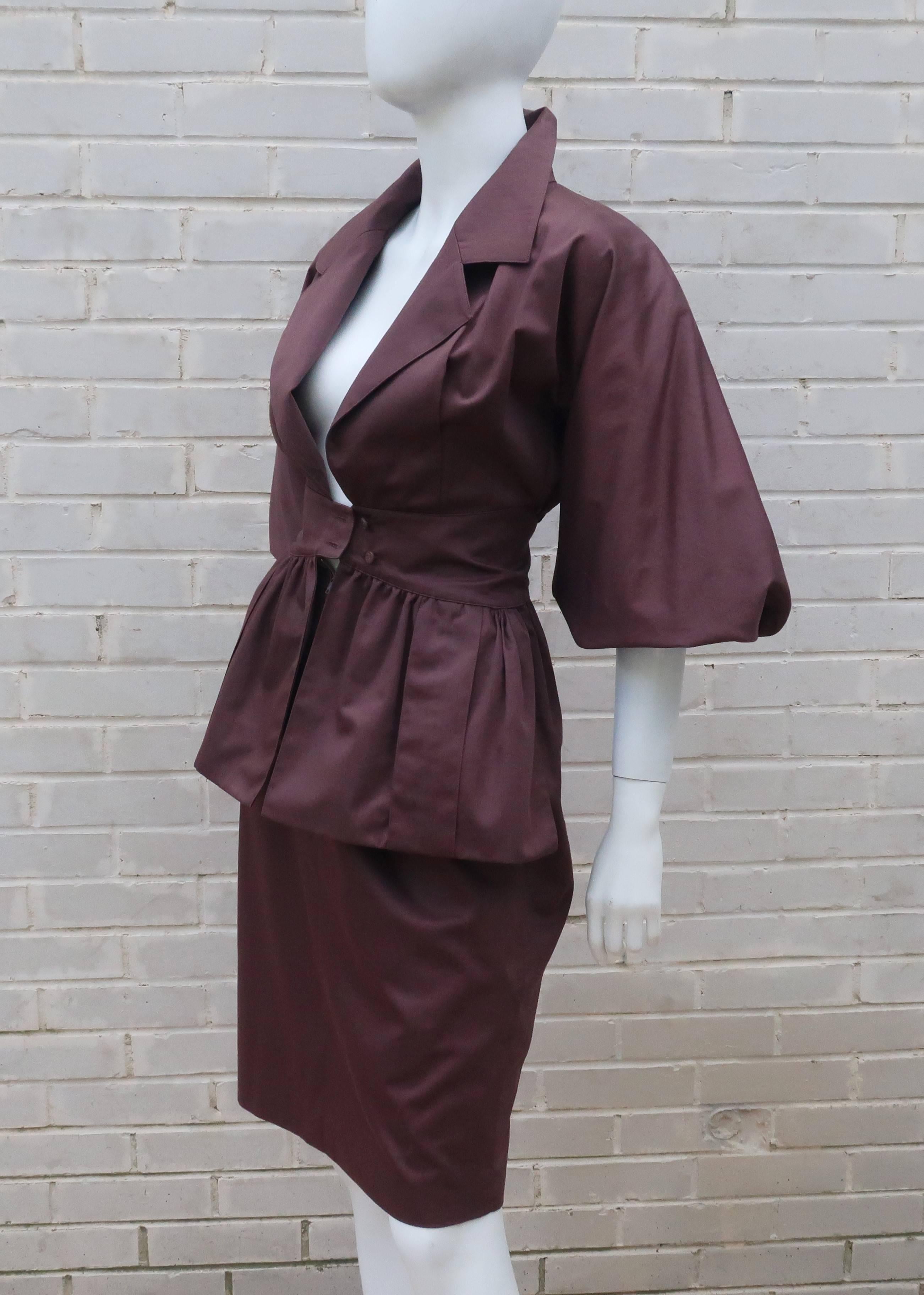 1980's Karl Lagerfeld Brown Polished Cotton Peplum Dress 1