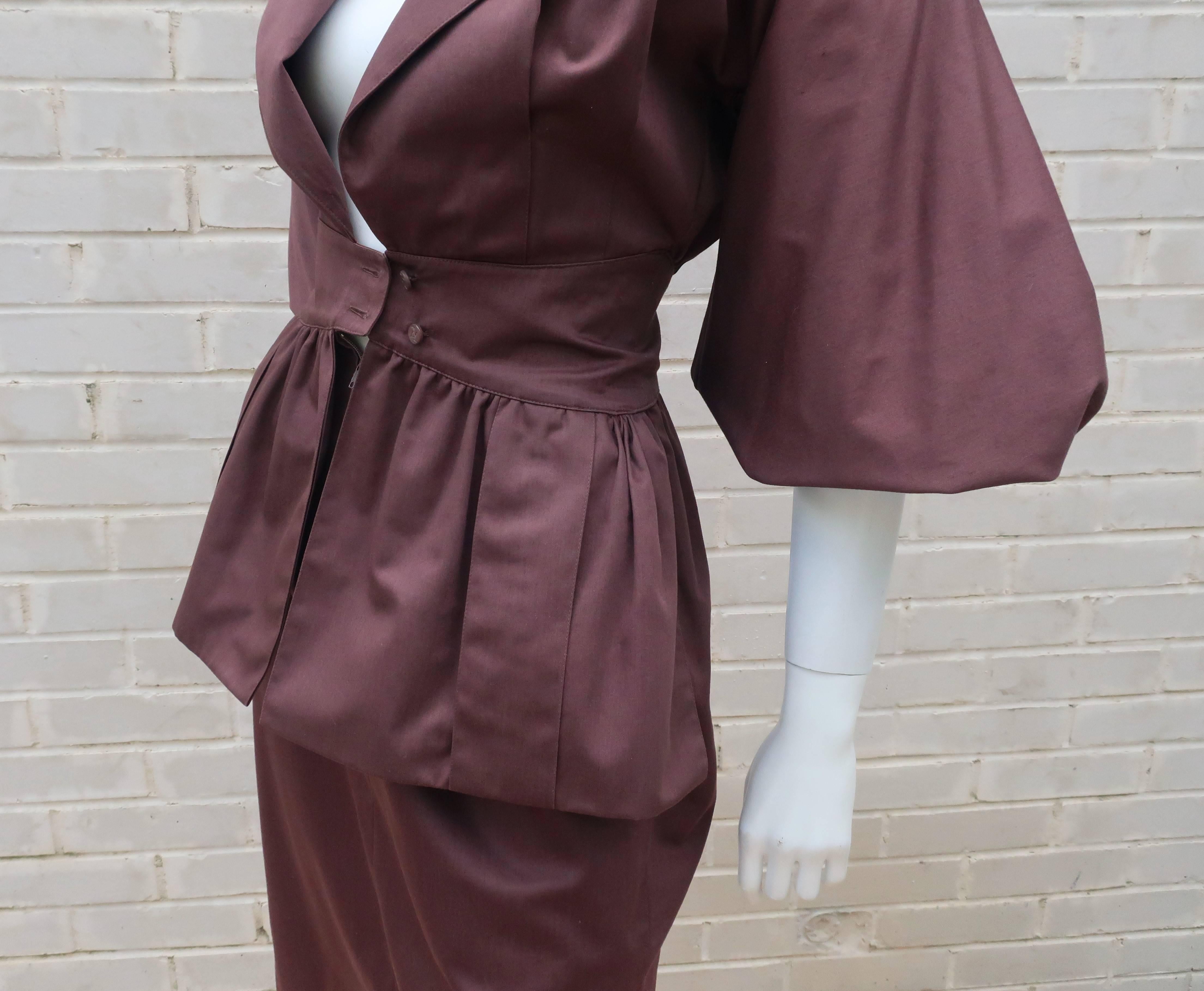1980's Karl Lagerfeld Brown Polished Cotton Peplum Dress 2