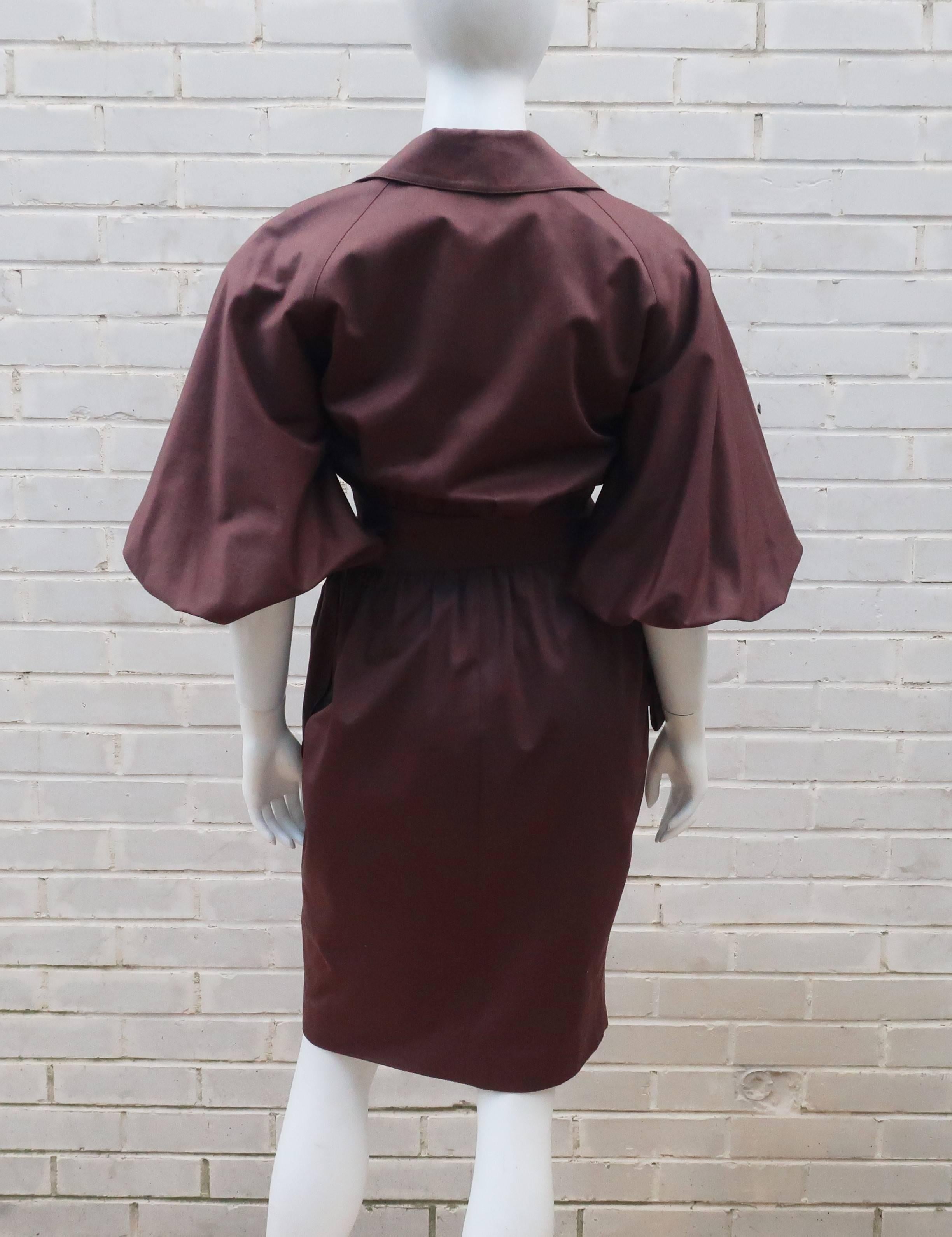 1980's Karl Lagerfeld Brown Polished Cotton Peplum Dress 3