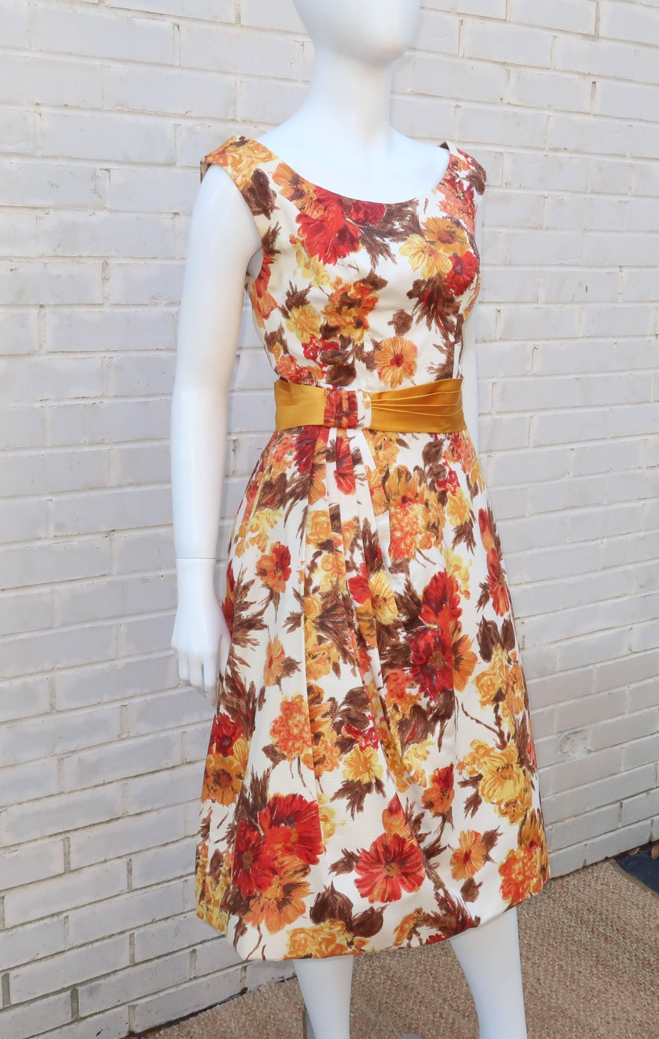 Autumnal 1950's Kay Selig Cotton Pique Floral Party Dress In Good Condition In Atlanta, GA