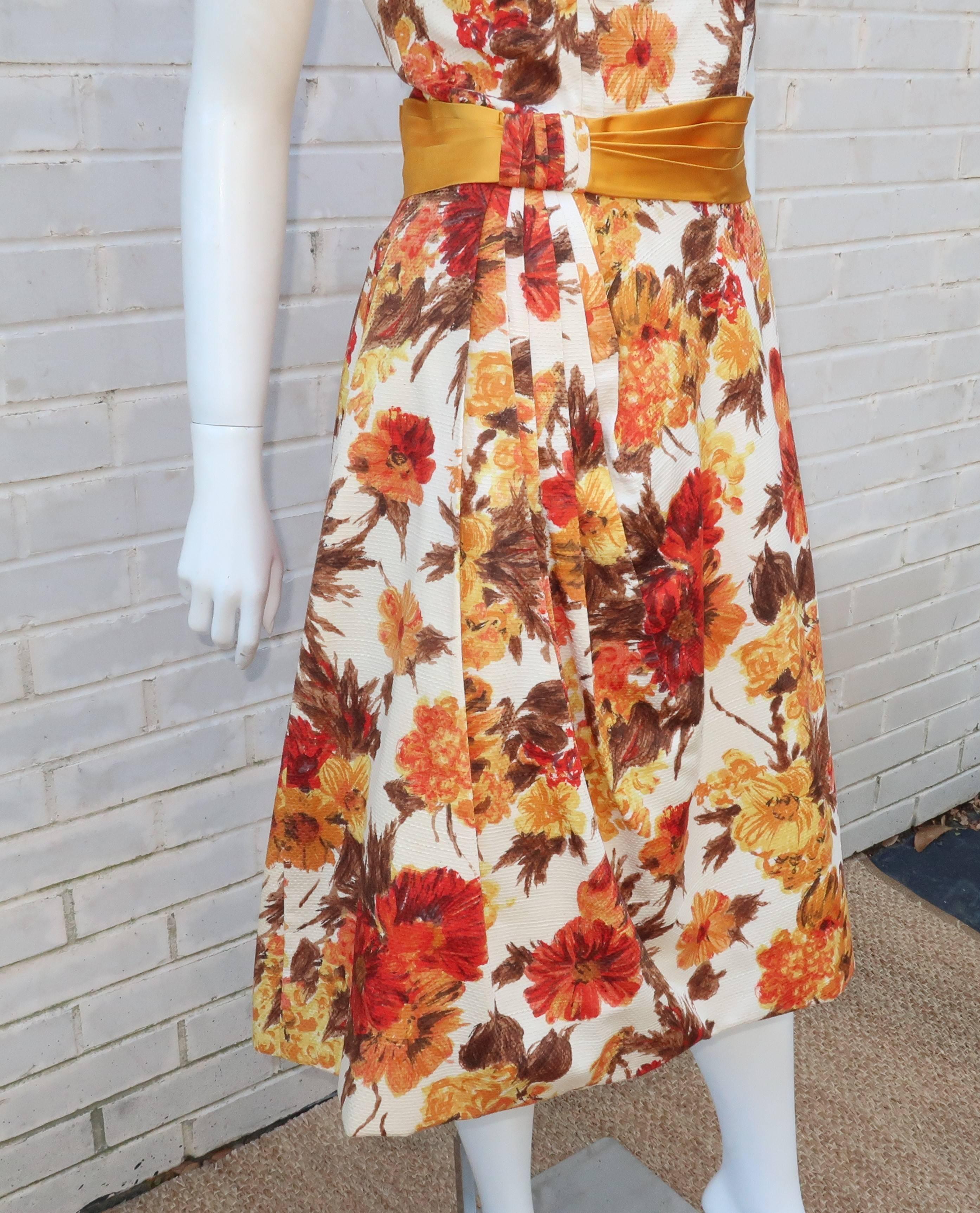Women's Autumnal 1950's Kay Selig Cotton Pique Floral Party Dress