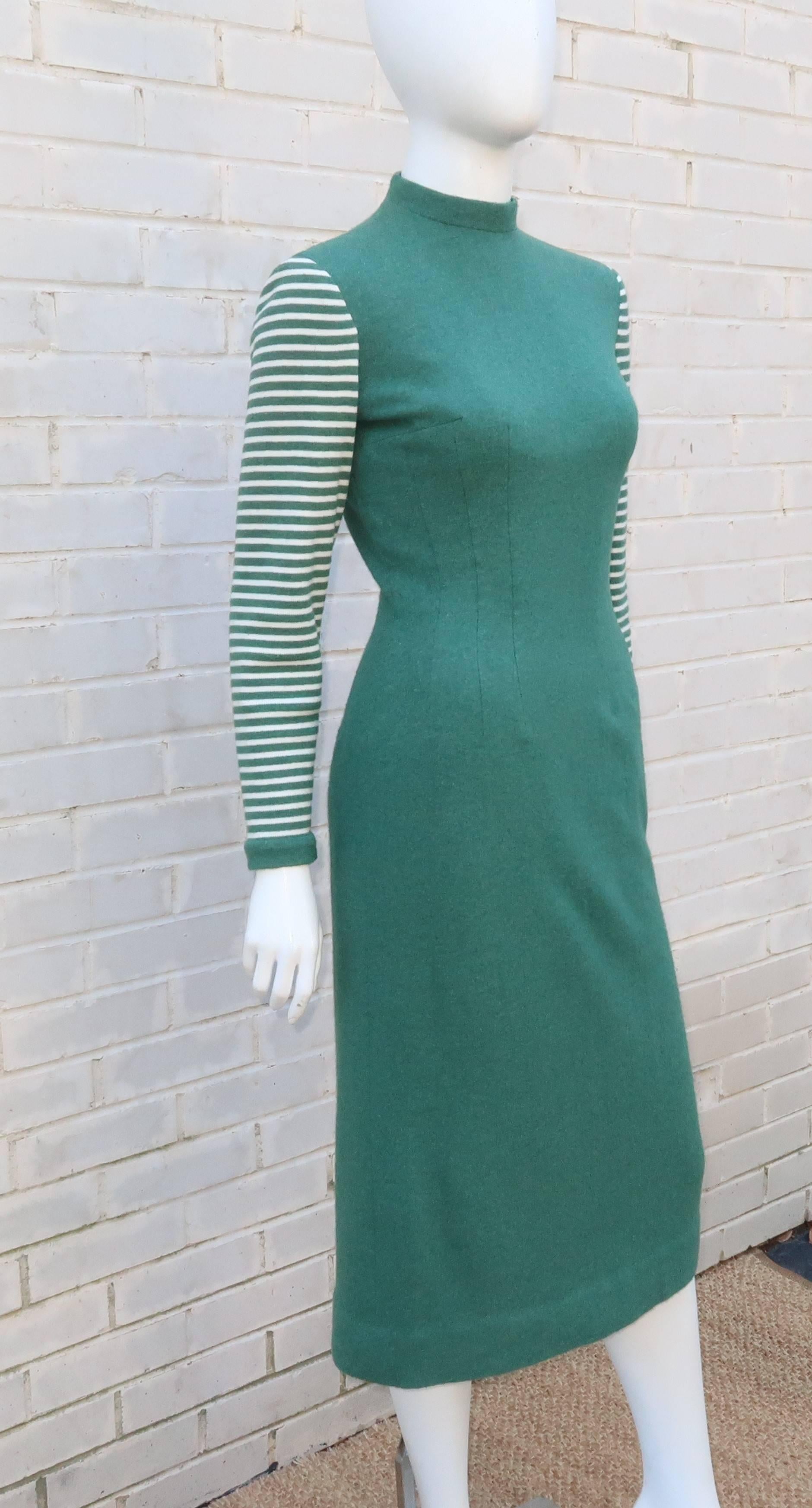 Blue Adorable 1950's Anne Fogarty Green & White Wool Sweater Dress