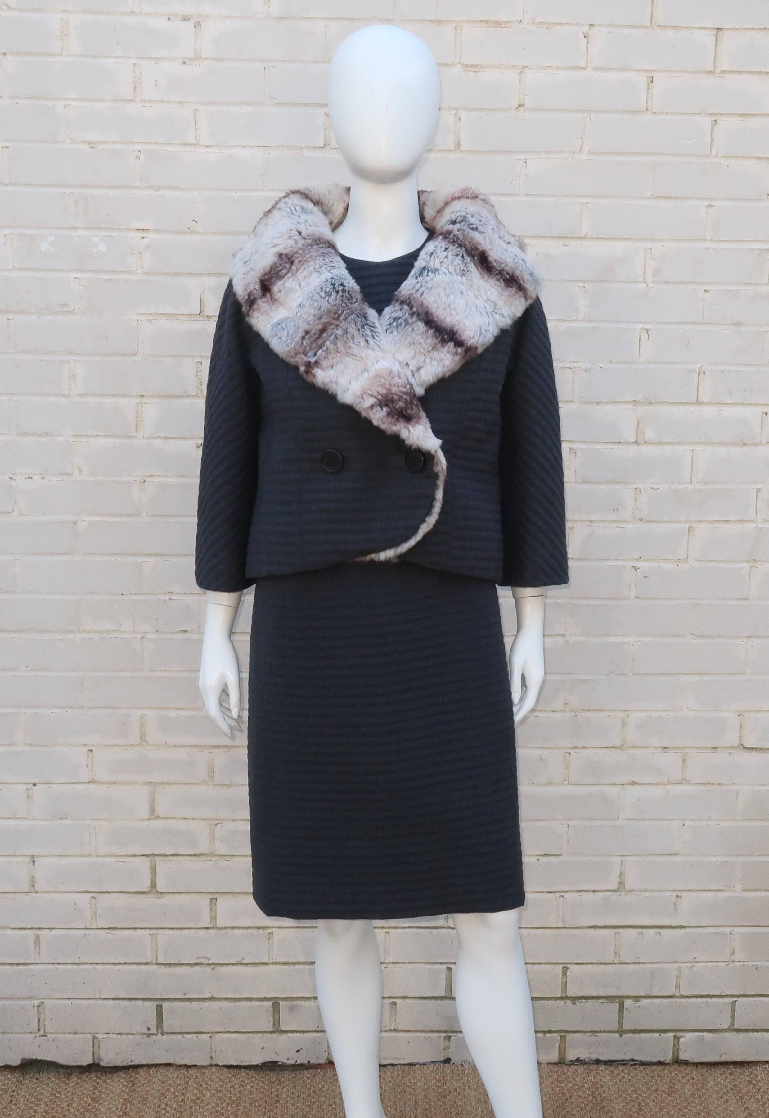 This two piece chinchilla fur lined jacket and dress ensemble is reminiscent of Alfred Hitchcock's heroines from the mid century...picture Eva Marie Saint, Tippi Hedren or Grace Kelly, to name a few. Classy, cool and ladylike! Both pieces are a
