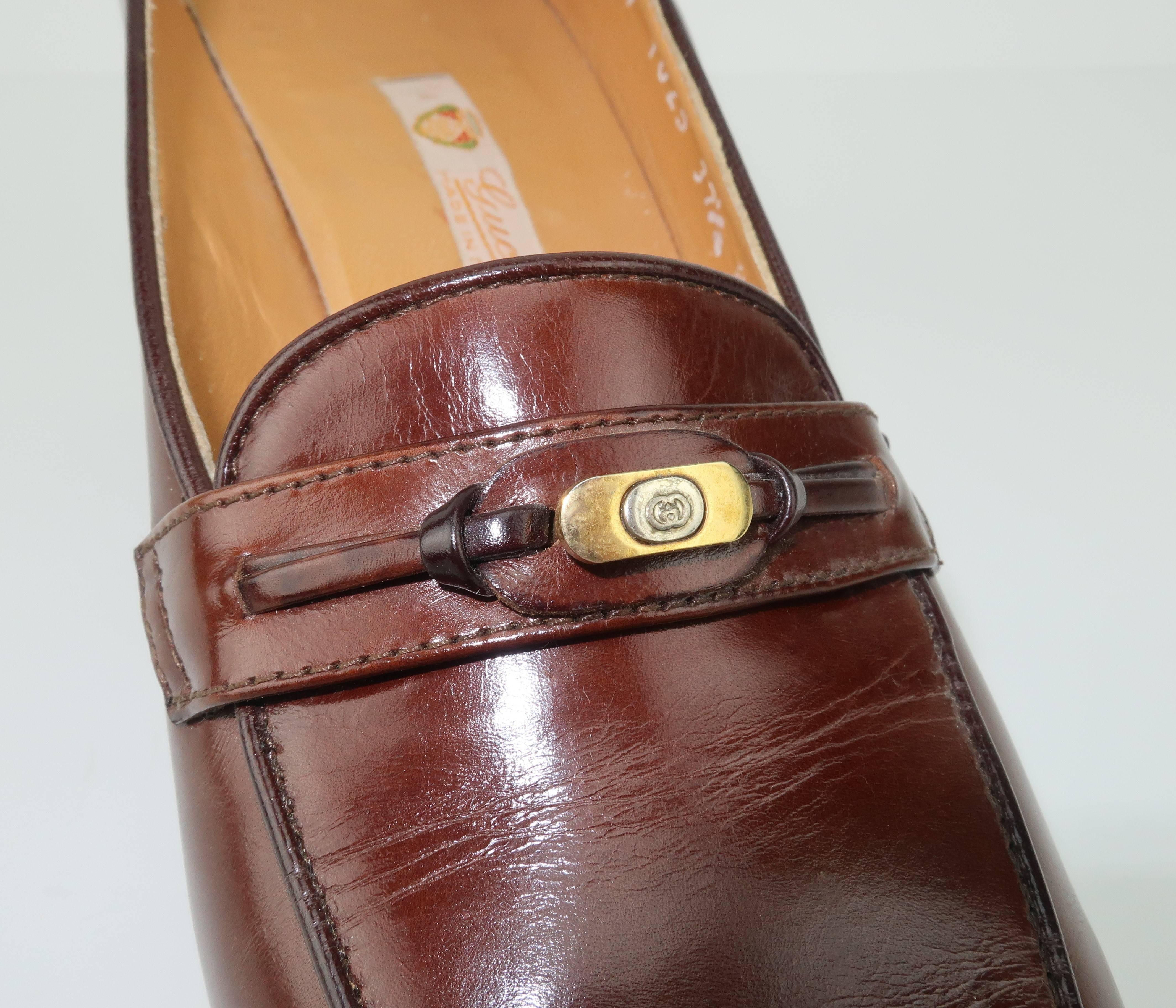 Preppy 1970's Gucci Brown Leather Heeled Loafers 37 1/2 B 1