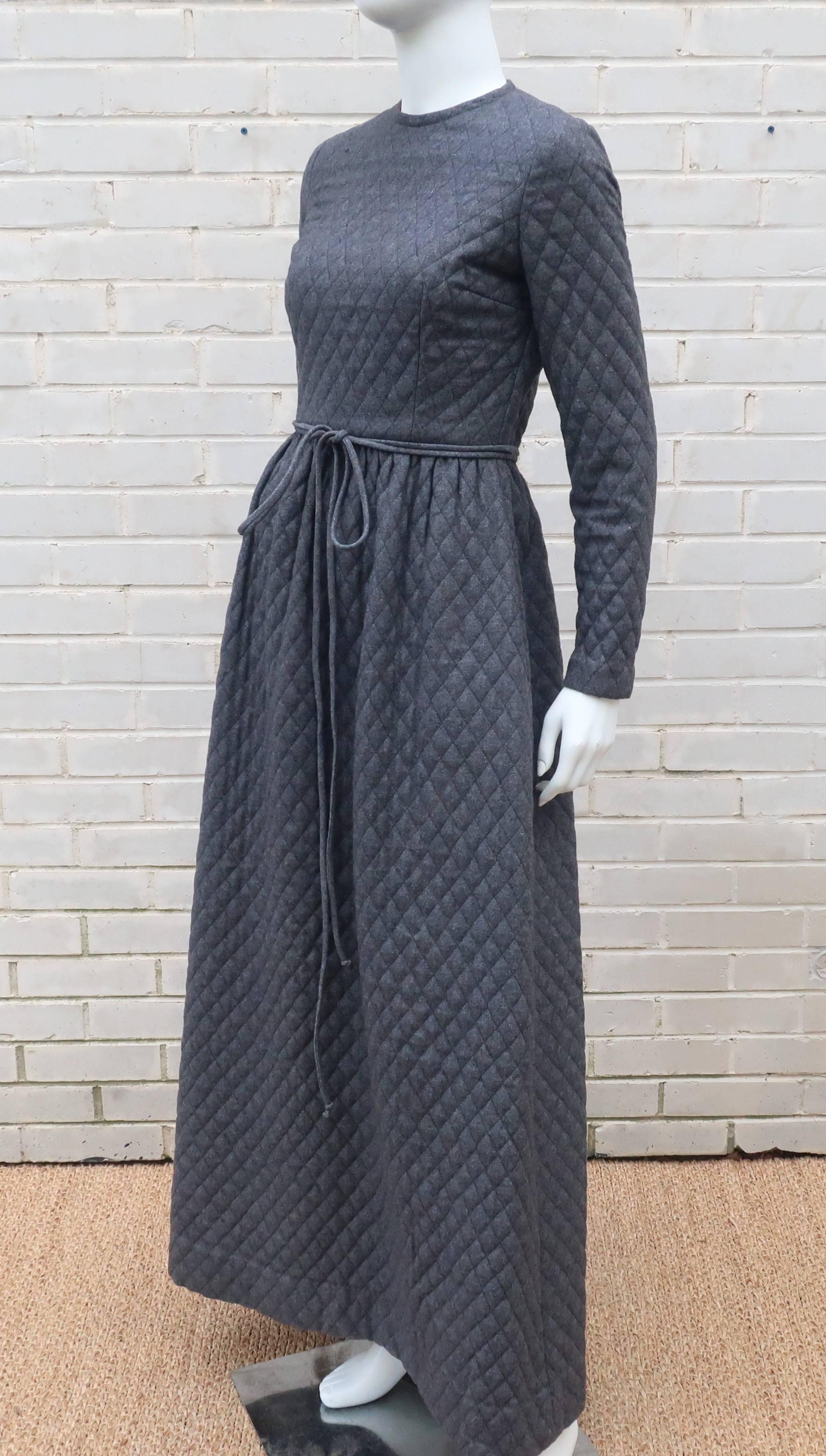 Women's Anne Fogarty Quilted Charcoal Gray Hostess Dress, C.1970