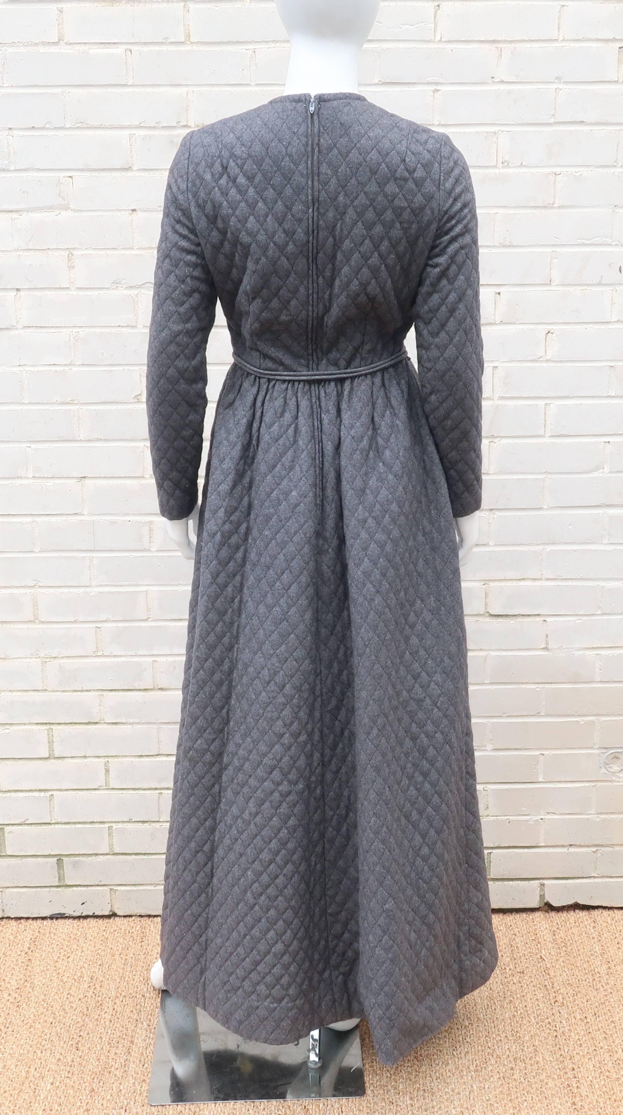 Anne Fogarty Quilted Charcoal Gray Hostess Dress, C.1970 1