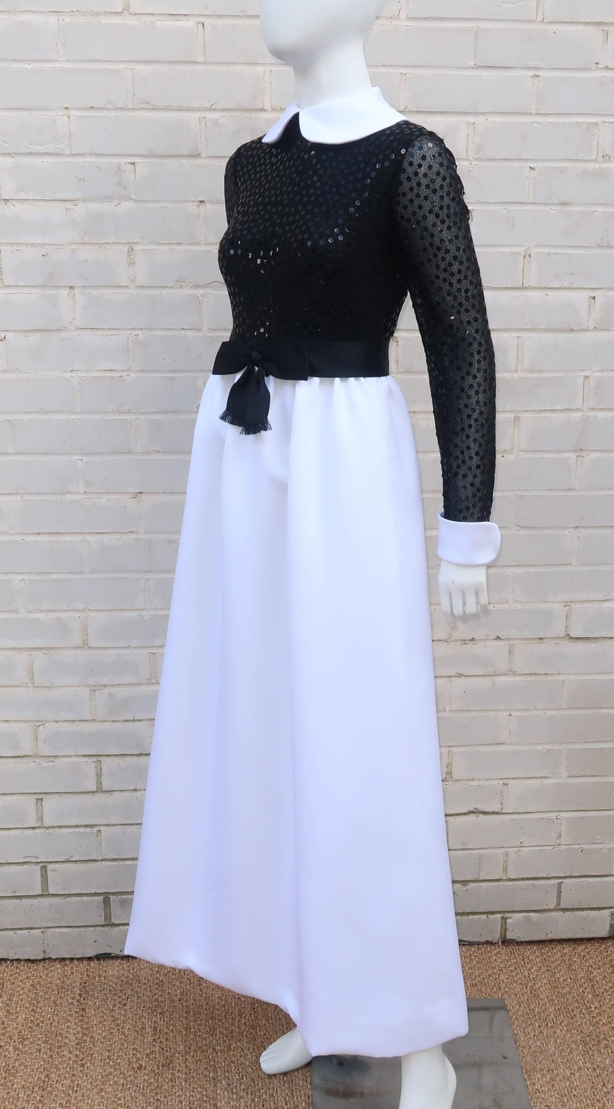 Delightfully Demure 1970's Mollie Parnis Black Sequin Evening Gown In Excellent Condition In Atlanta, GA