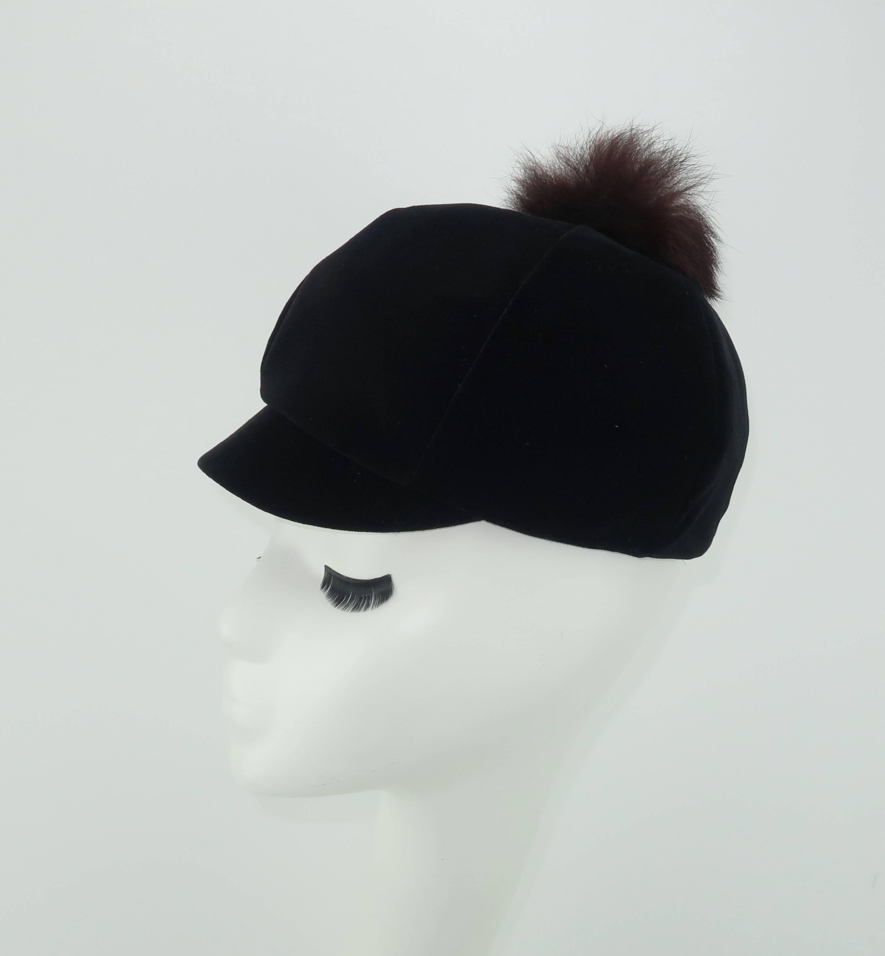 Mod C.1960 Black Velvet Cap Hat With Fur Pom Pom 1