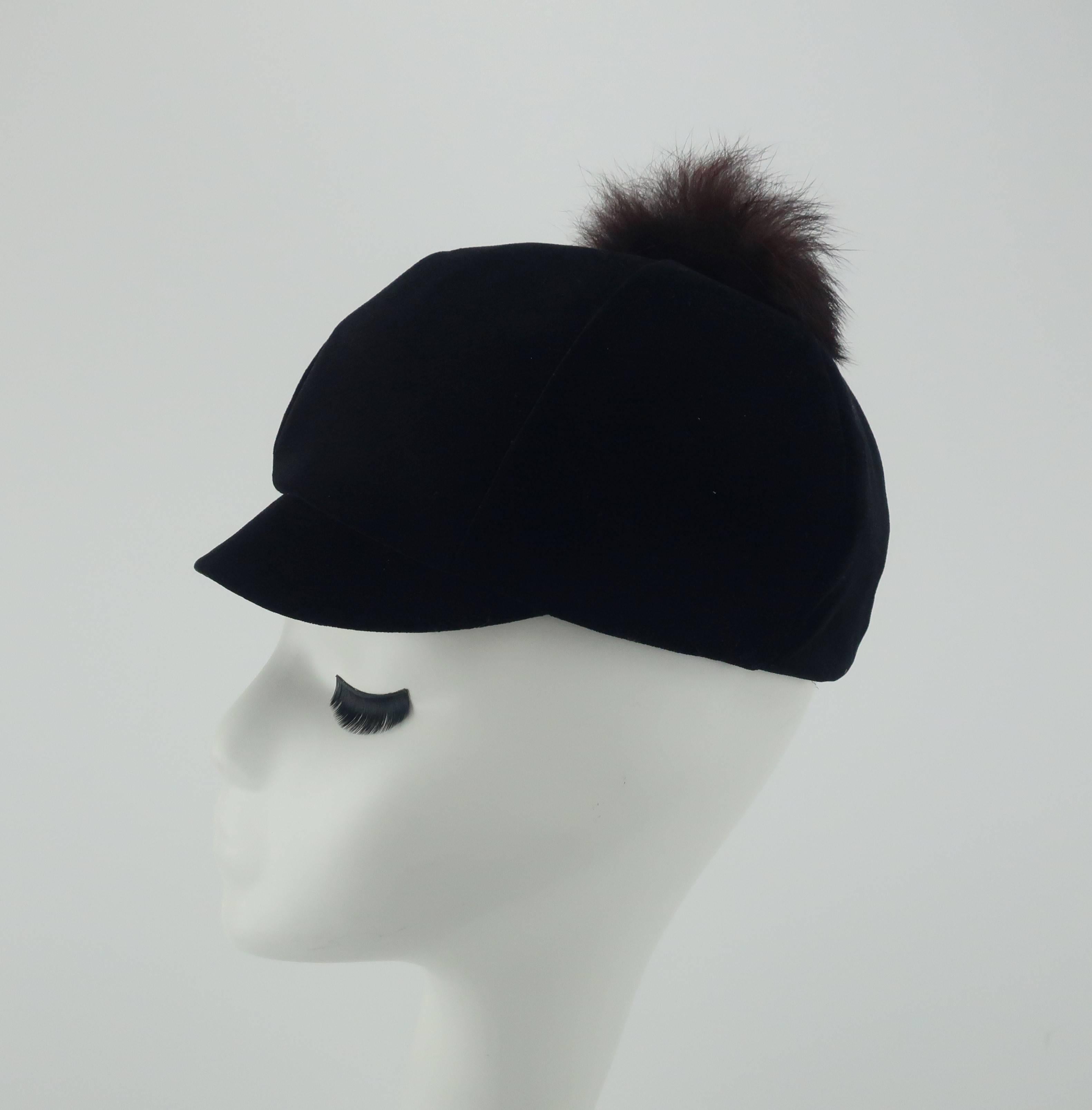 Mod C.1960 Black Velvet Cap Hat With Fur Pom Pom 2