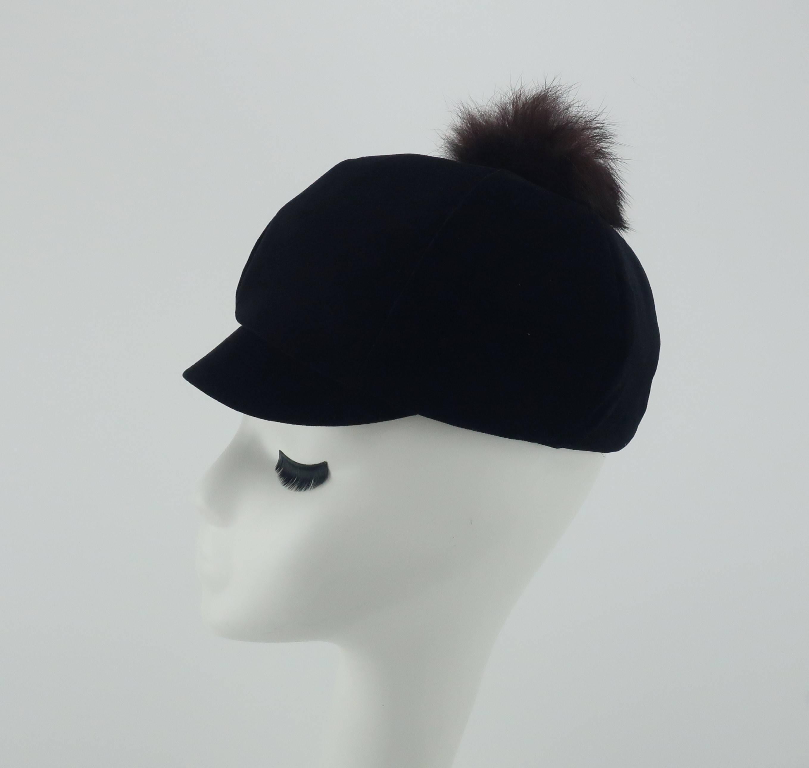 Mod C.1960 Black Velvet Cap Hat With Fur Pom Pom 3