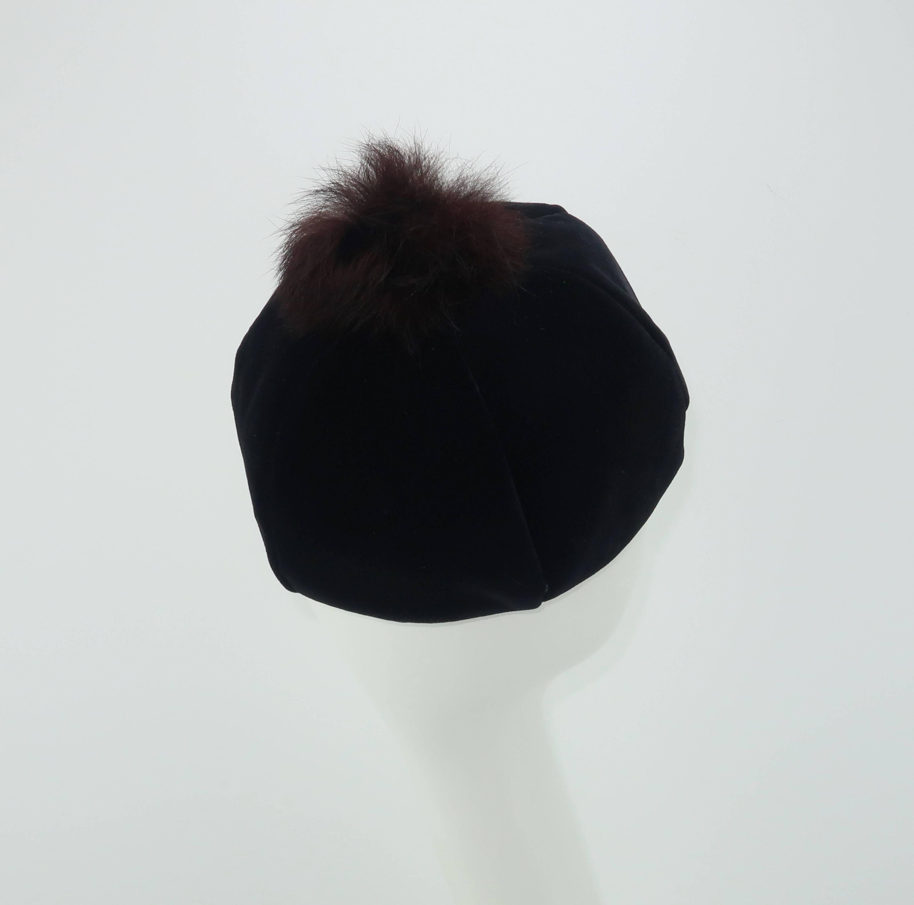 Mod C.1960 Black Velvet Cap Hat With Fur Pom Pom 4
