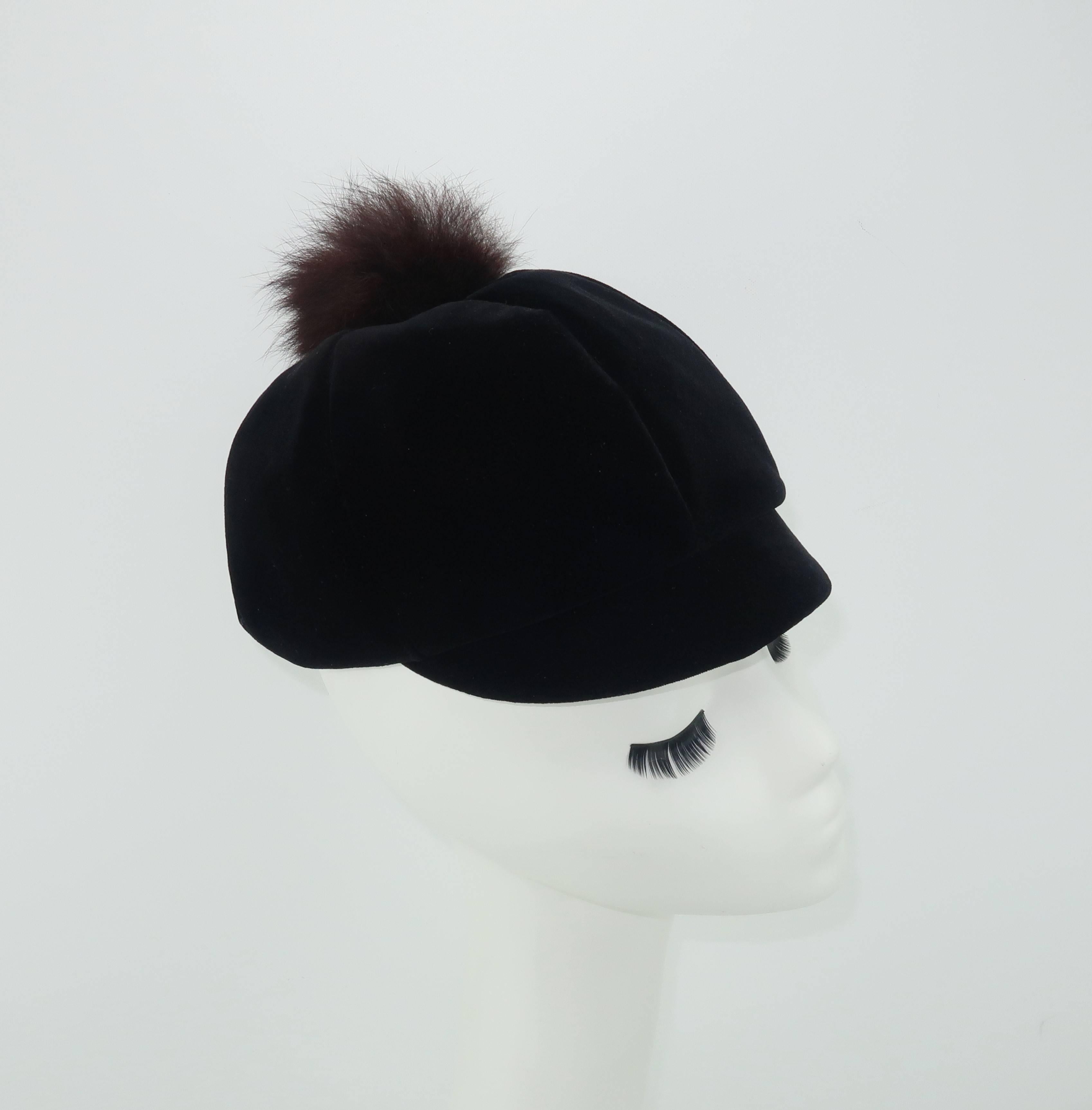 Mod C.1960 Black Velvet Cap Hat With Fur Pom Pom 5