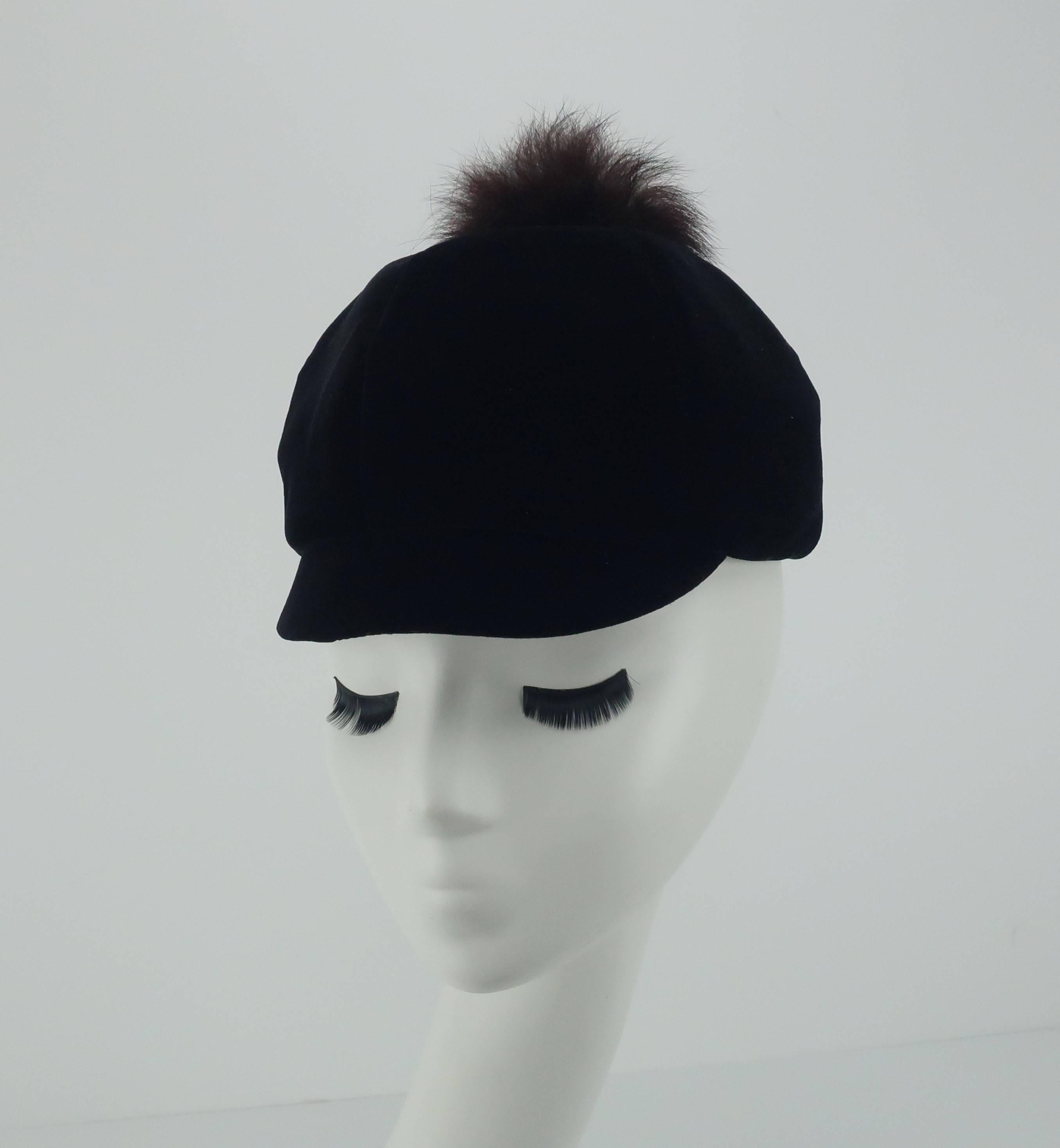 Women's Mod C.1960 Black Velvet Cap Hat With Fur Pom Pom