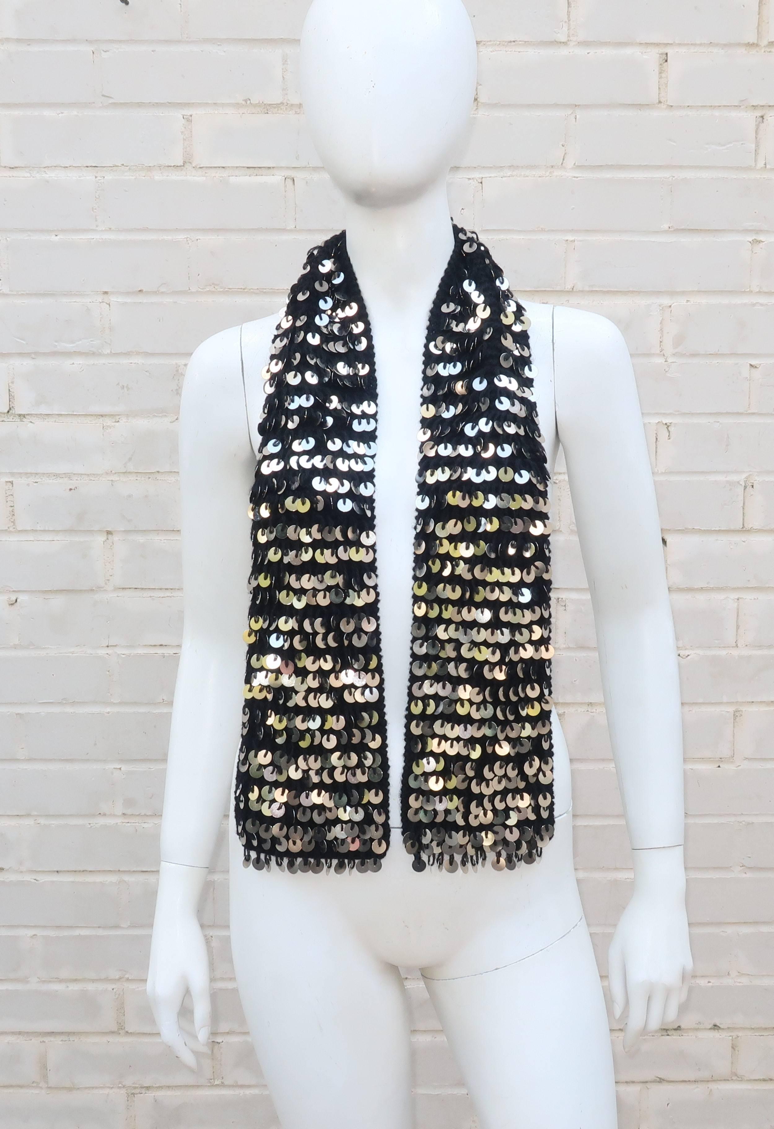 Glam C.2000 Black Wool Neck Scarf With Metal Medallions In Good Condition In Atlanta, GA