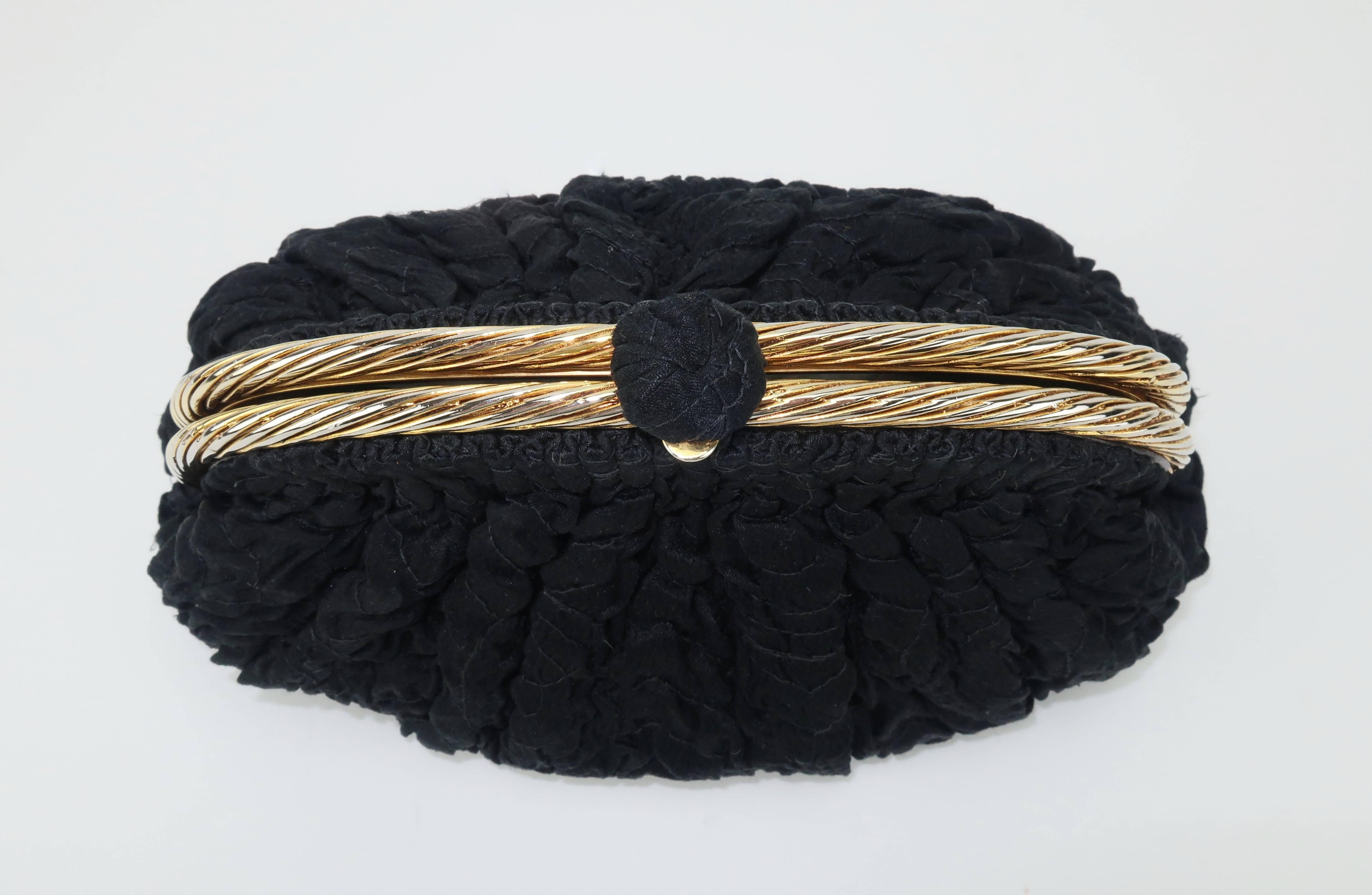 1990's Frances Patiky Stein Black Silk & Leather Evening Handbag 1