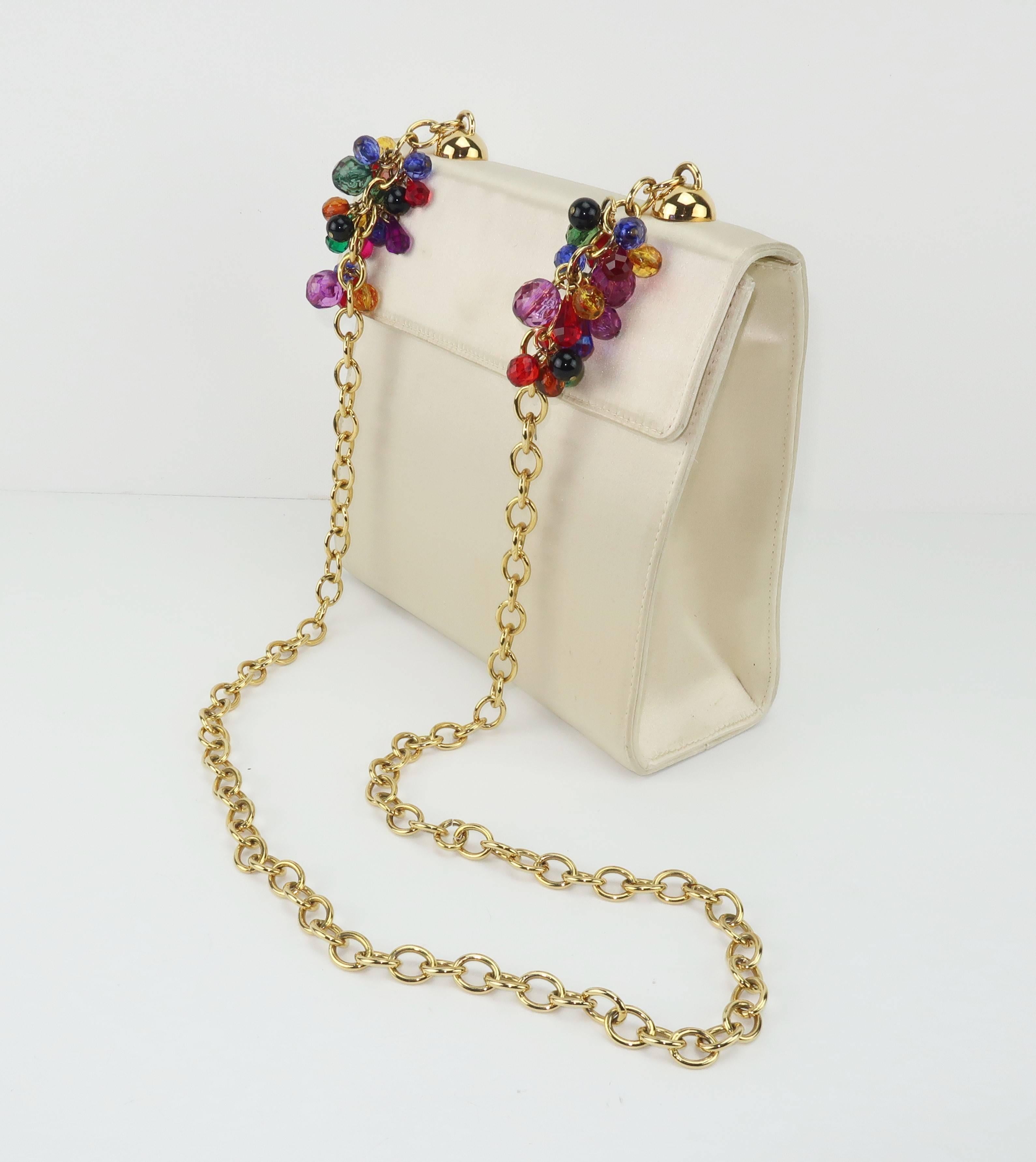 Beige Italian 1980's Neiman Marcus Satin Handbag With Bejeweled Handle