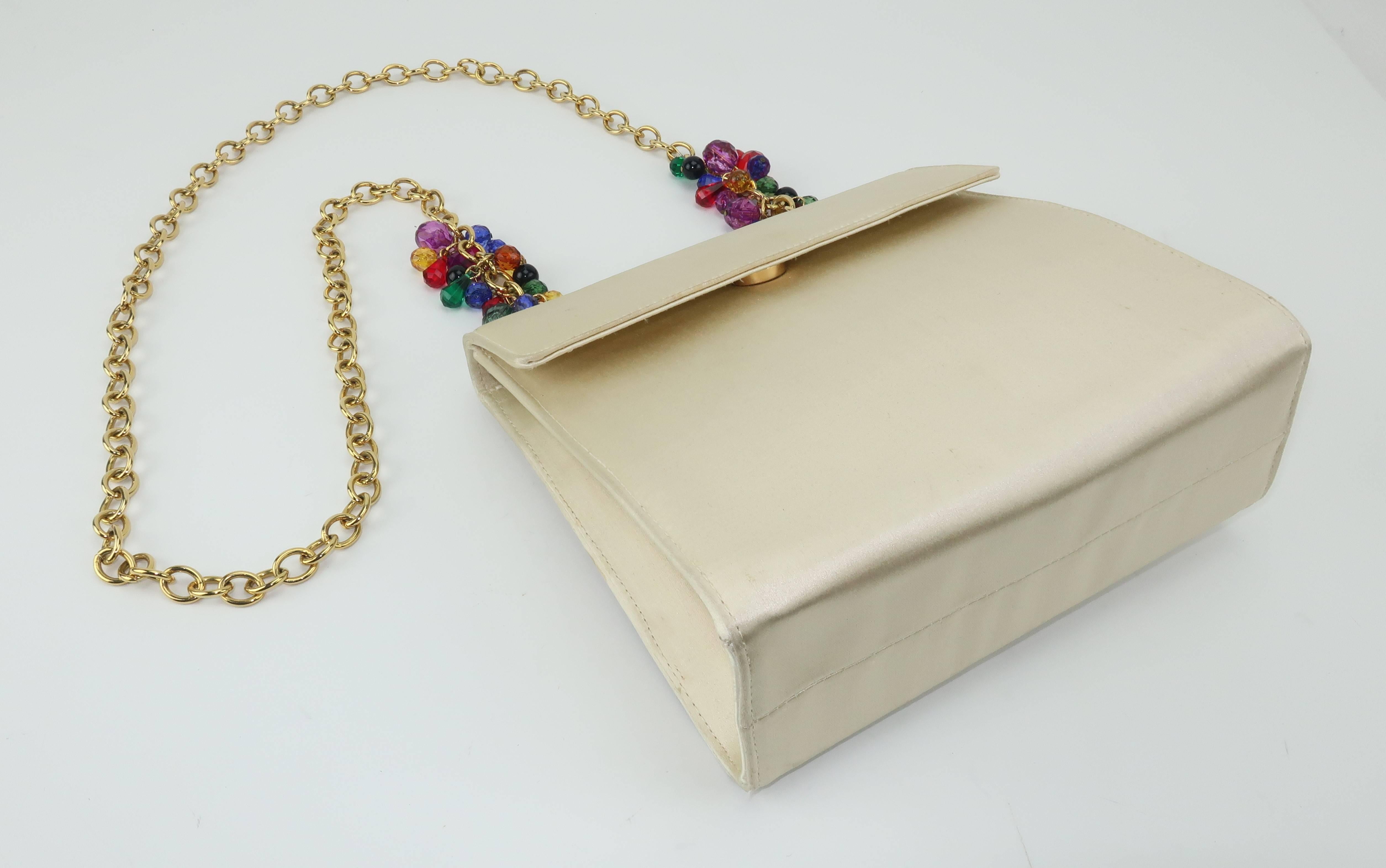Italian 1980's Neiman Marcus Satin Handbag With Bejeweled Handle In Good Condition In Atlanta, GA