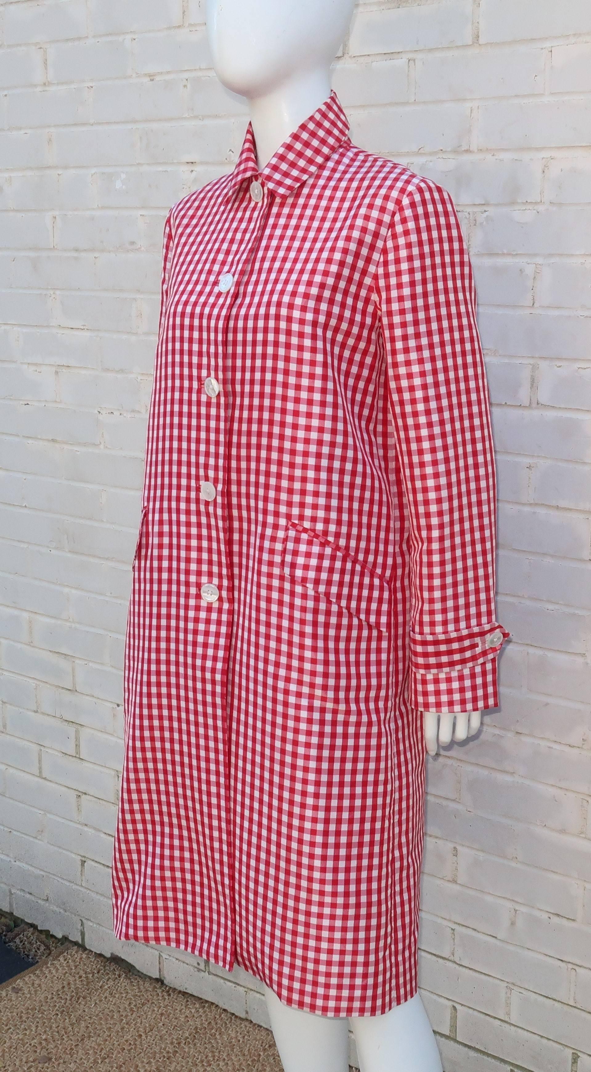 Pink 1990's Ralph Lauren Collection Silk Red & White Gingham Trench Coat