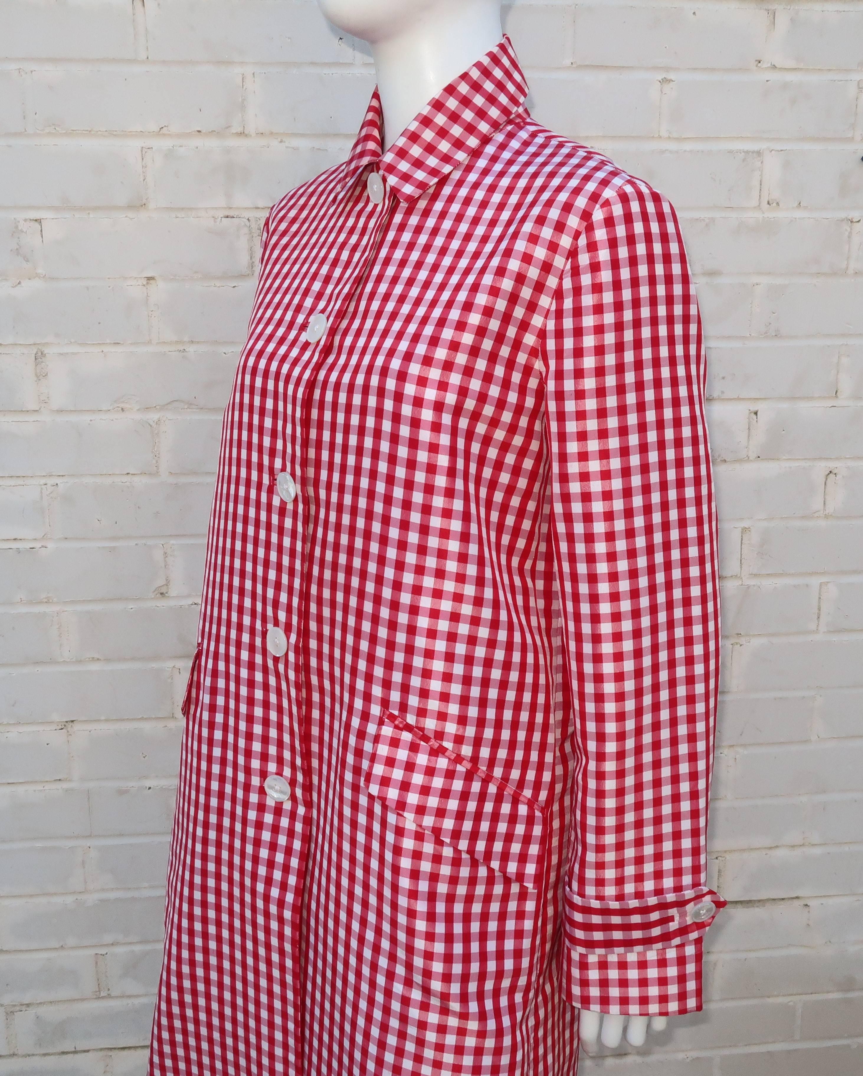 1990's Ralph Lauren Collection Silk Red & White Gingham Trench Coat In Good Condition In Atlanta, GA