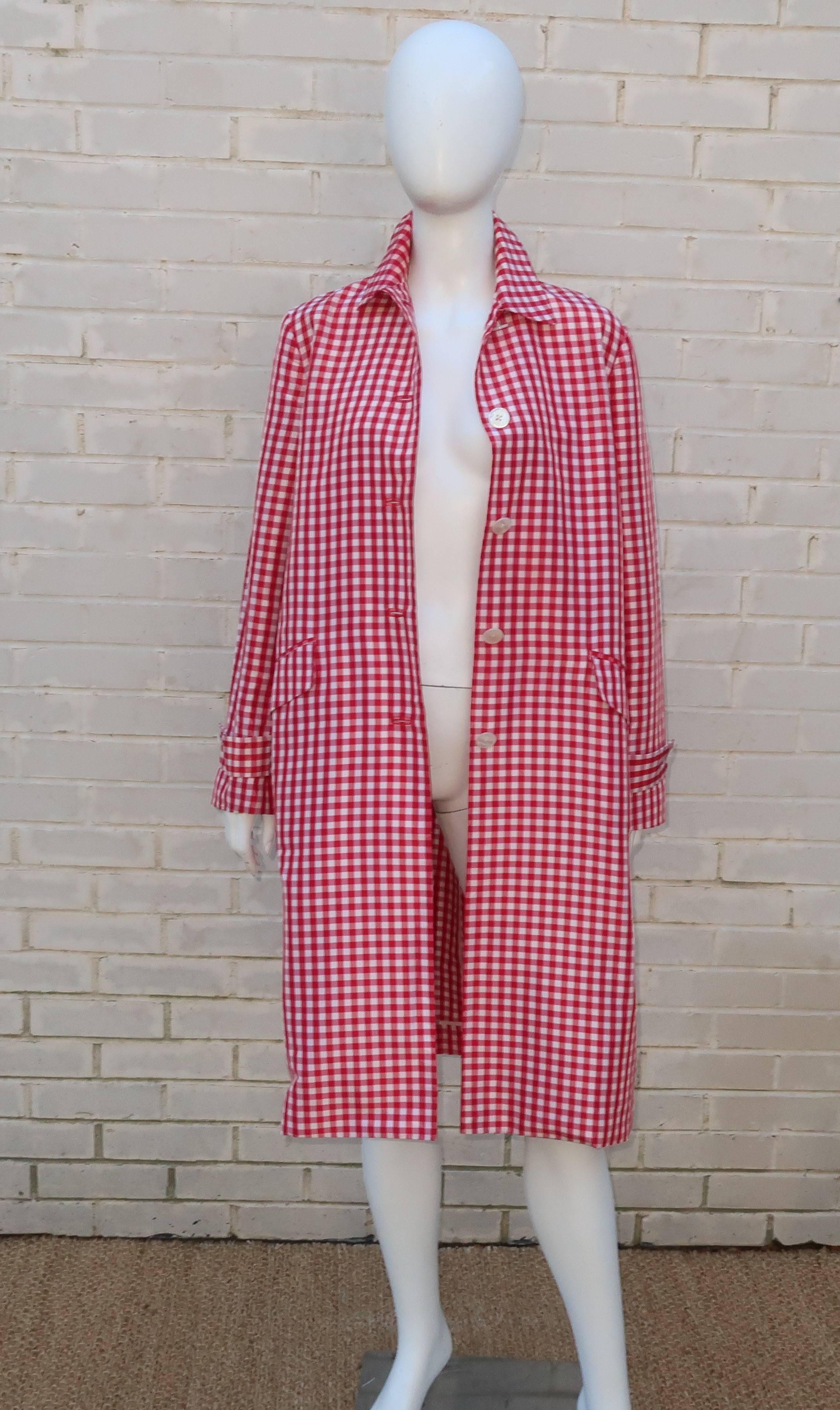 1990's Ralph Lauren Collection Silk Red & White Gingham Trench Coat 2