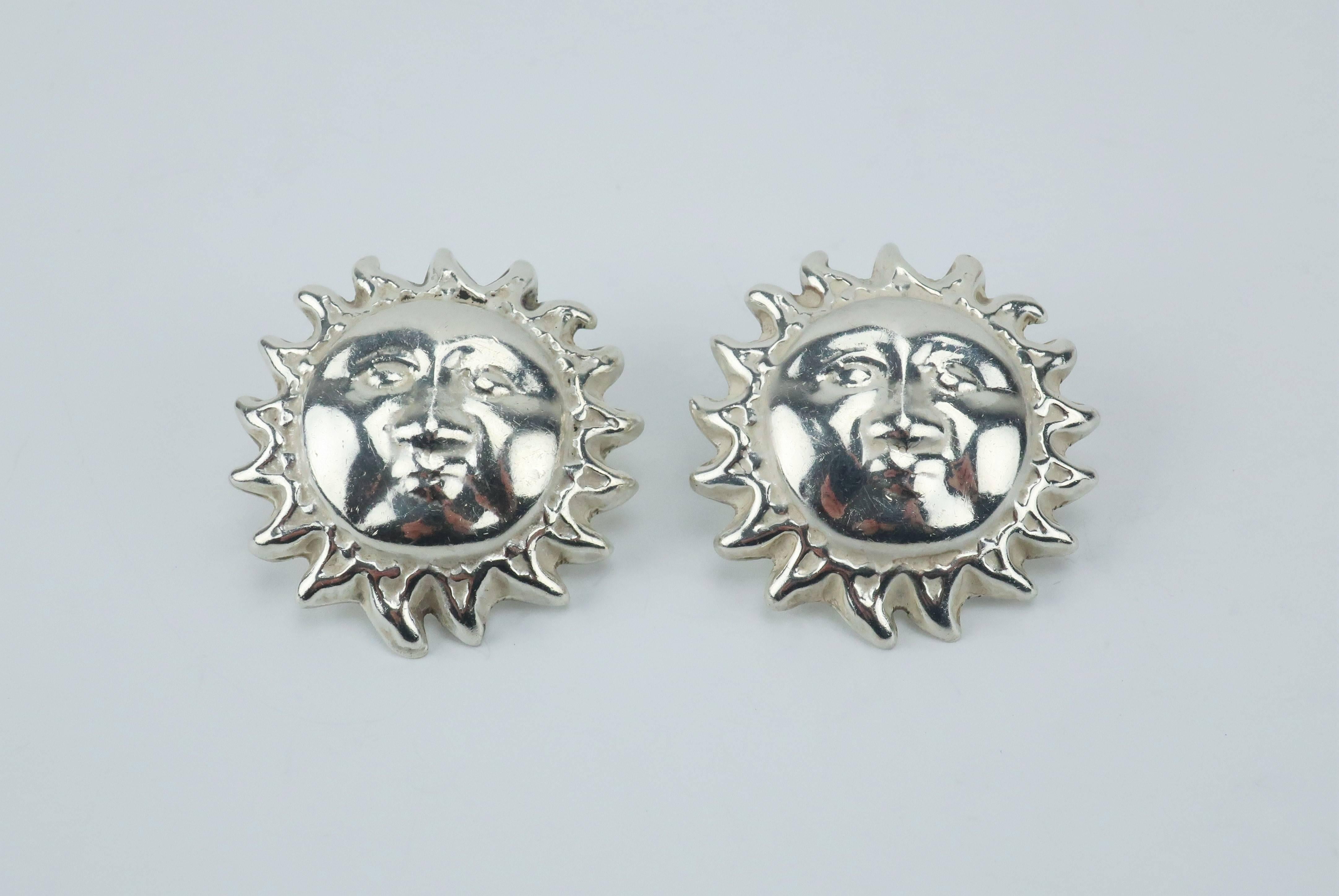 Vintage Mexican Sterling Silver Sun Earrings In Good Condition In Atlanta, GA