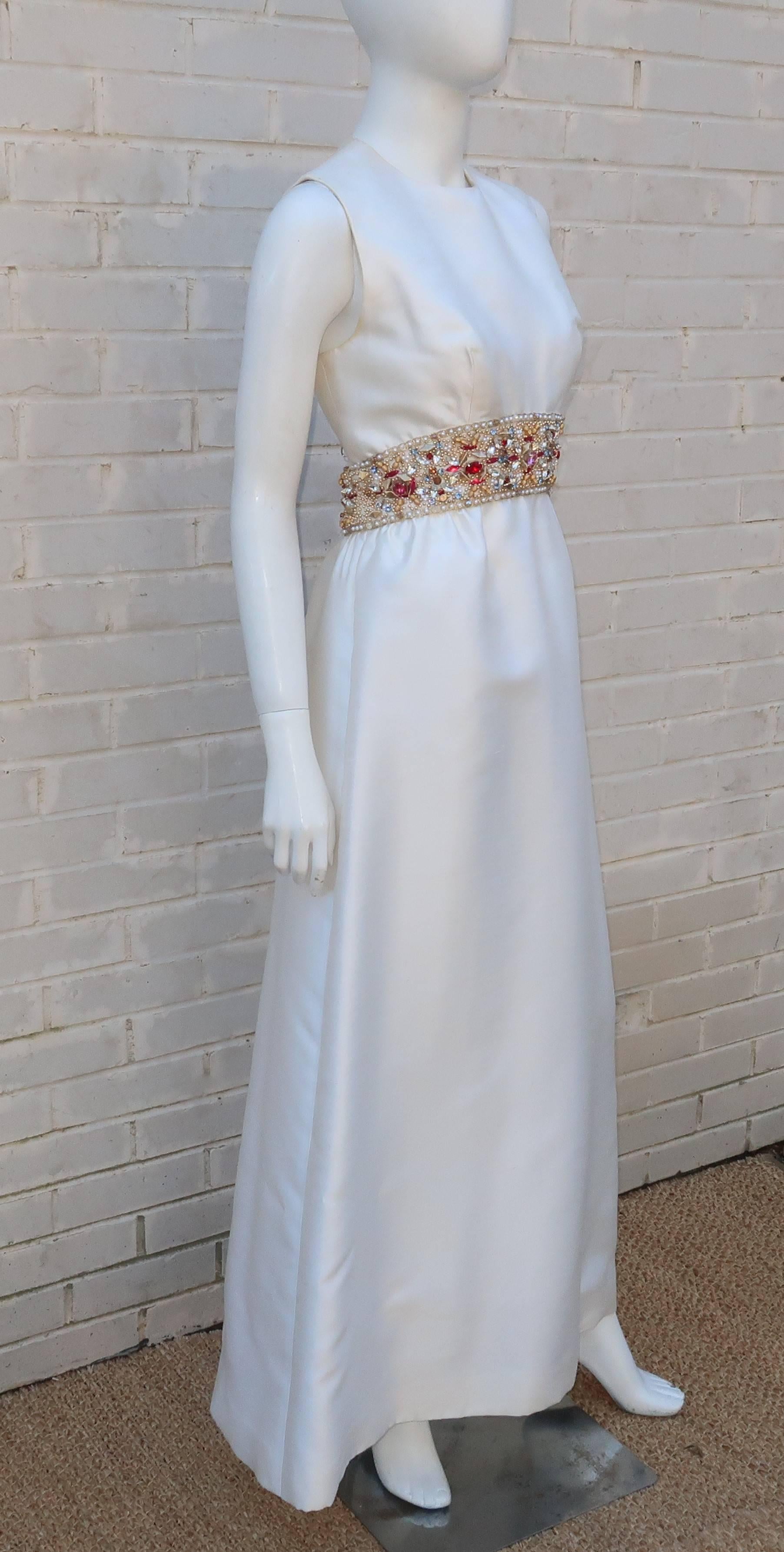 Gray 1960's Kent Originals White Dupioni Evening Dress With Bejeweled Empire Waist