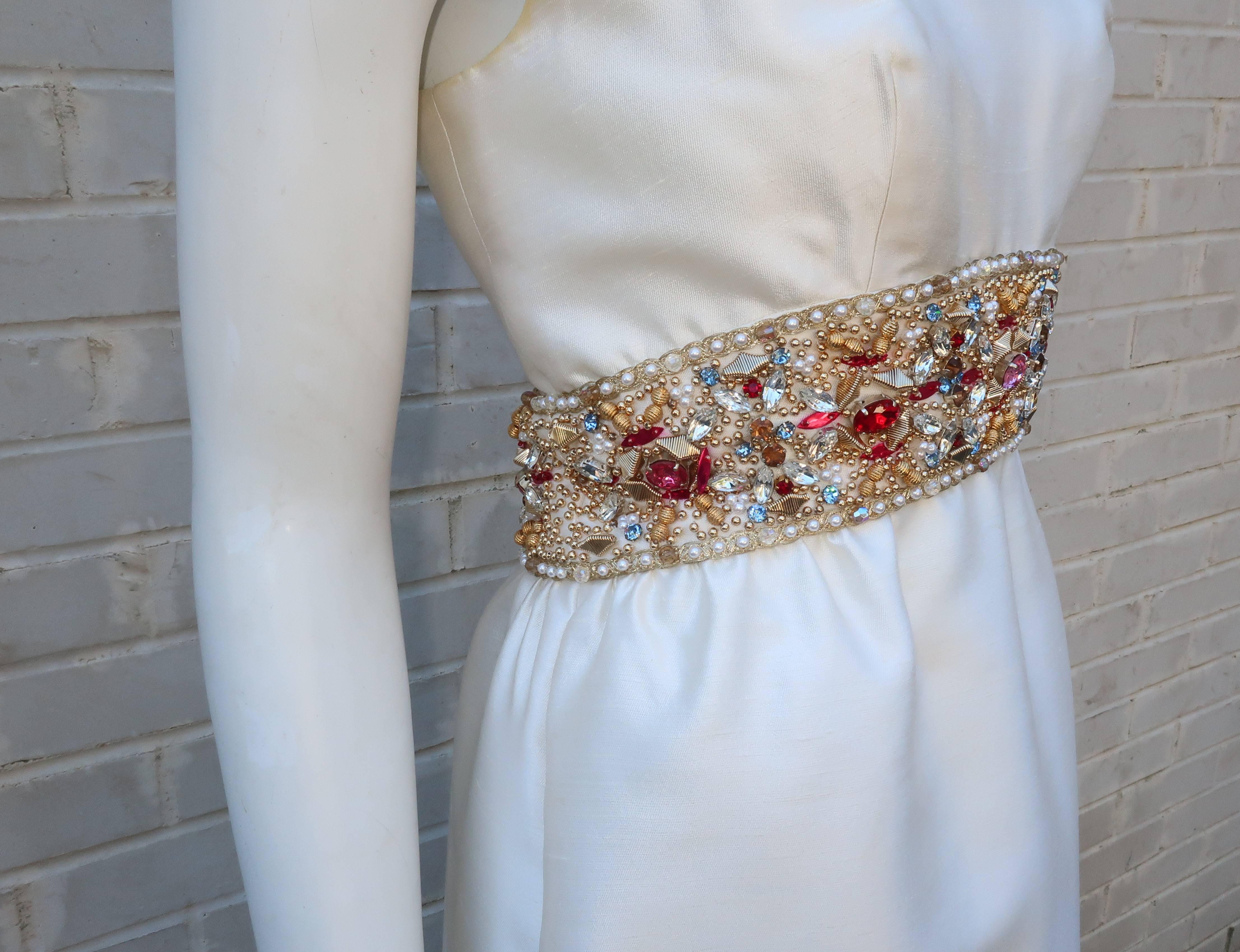 1960's Kent Originals White Dupioni Evening Dress With Bejeweled Empire Waist In Good Condition In Atlanta, GA