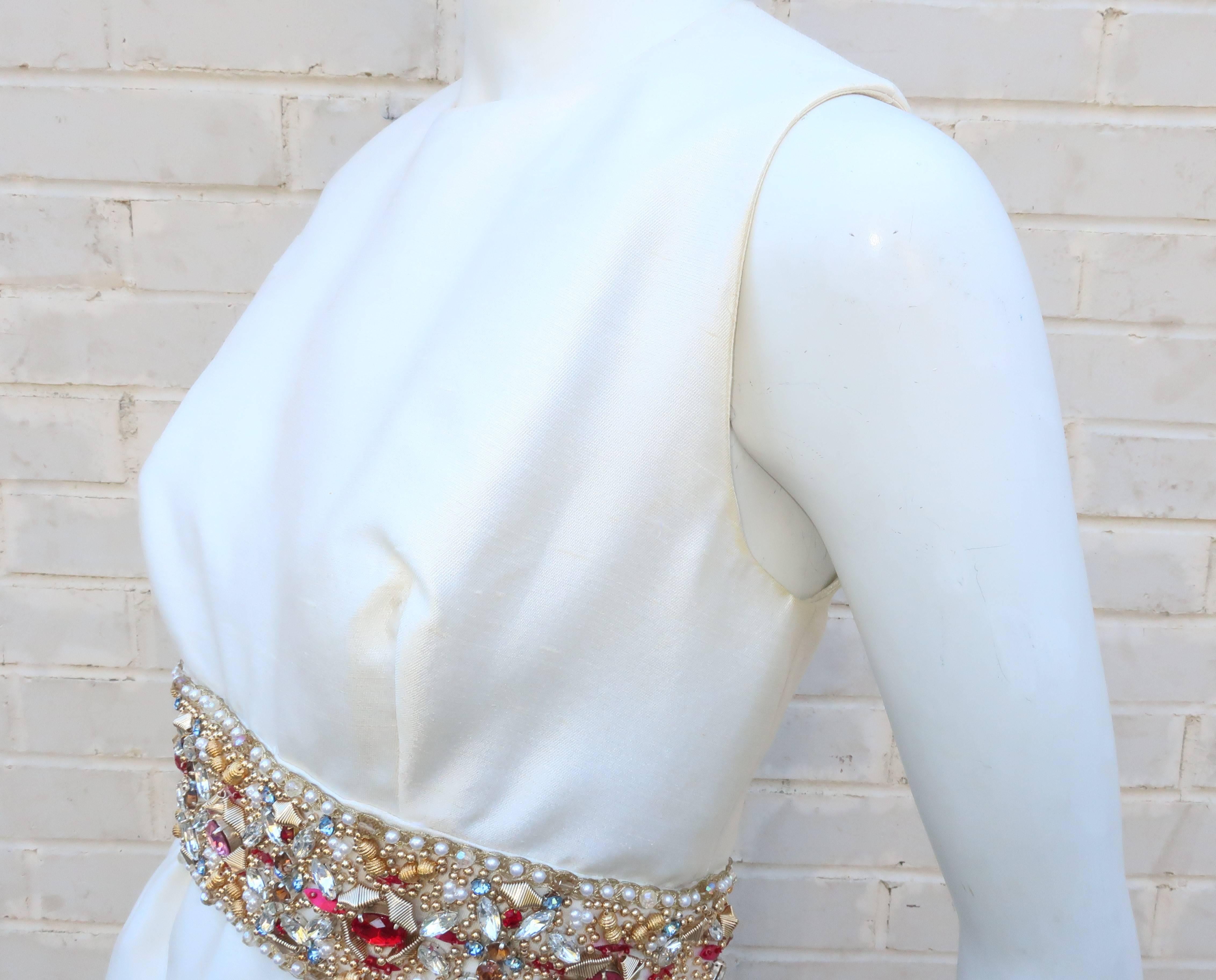 1960's Kent Originals White Dupioni Evening Dress With Bejeweled Empire Waist 2