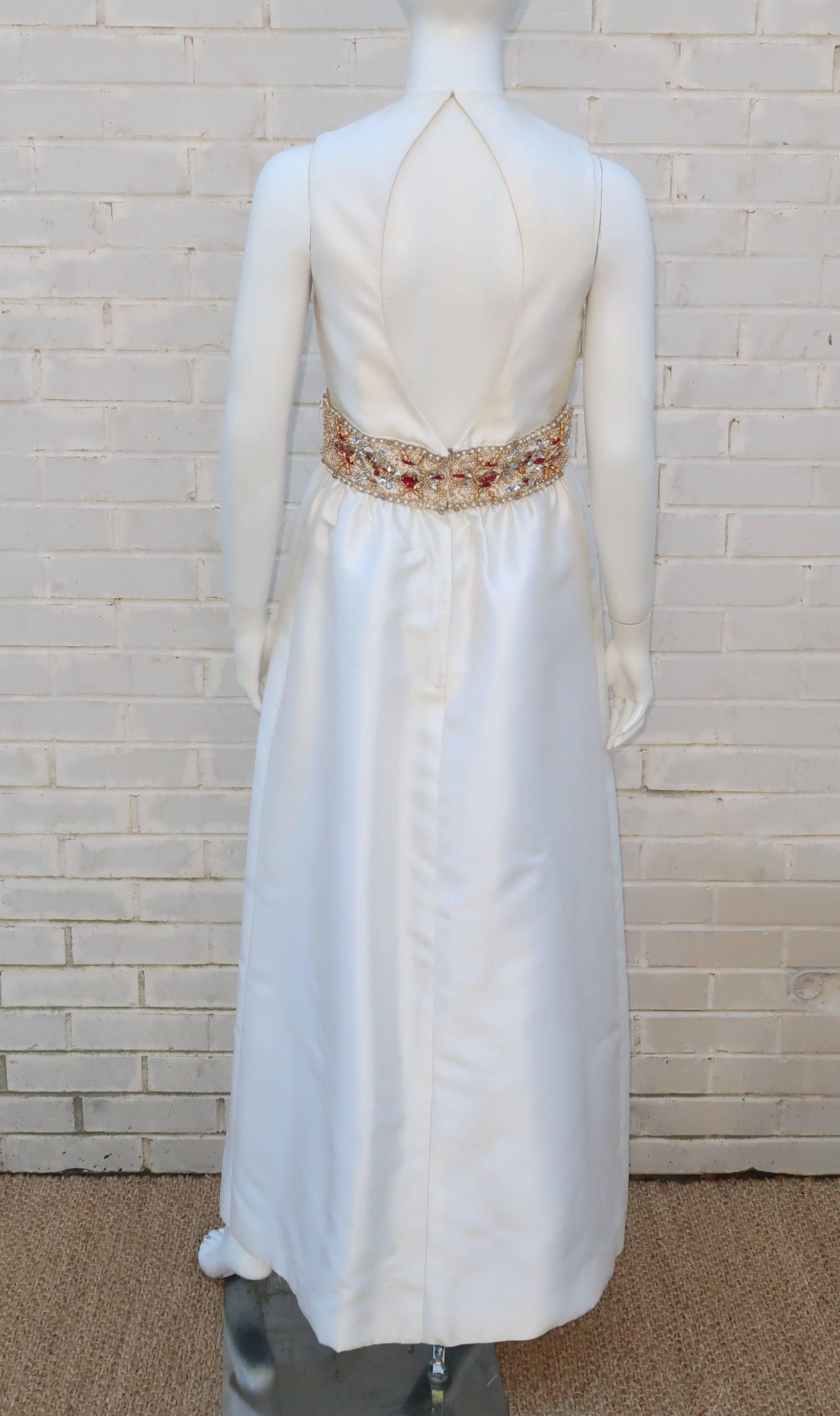 1960's Kent Originals White Dupioni Evening Dress With Bejeweled Empire Waist 3