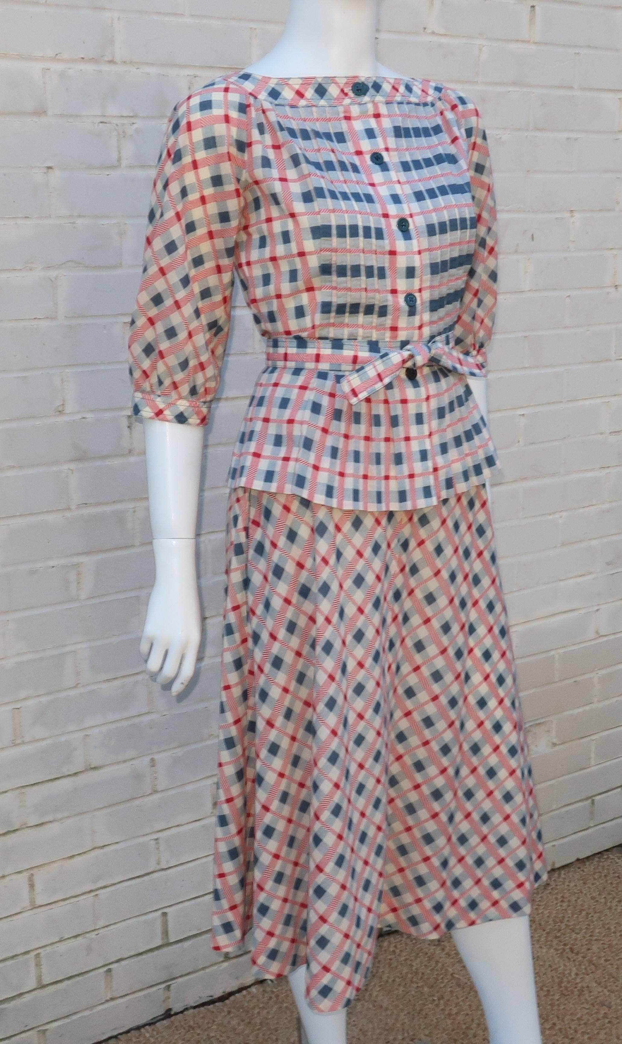 Gray 1970's Albert Nipon Pintucked Gingham Plaid Dress Set