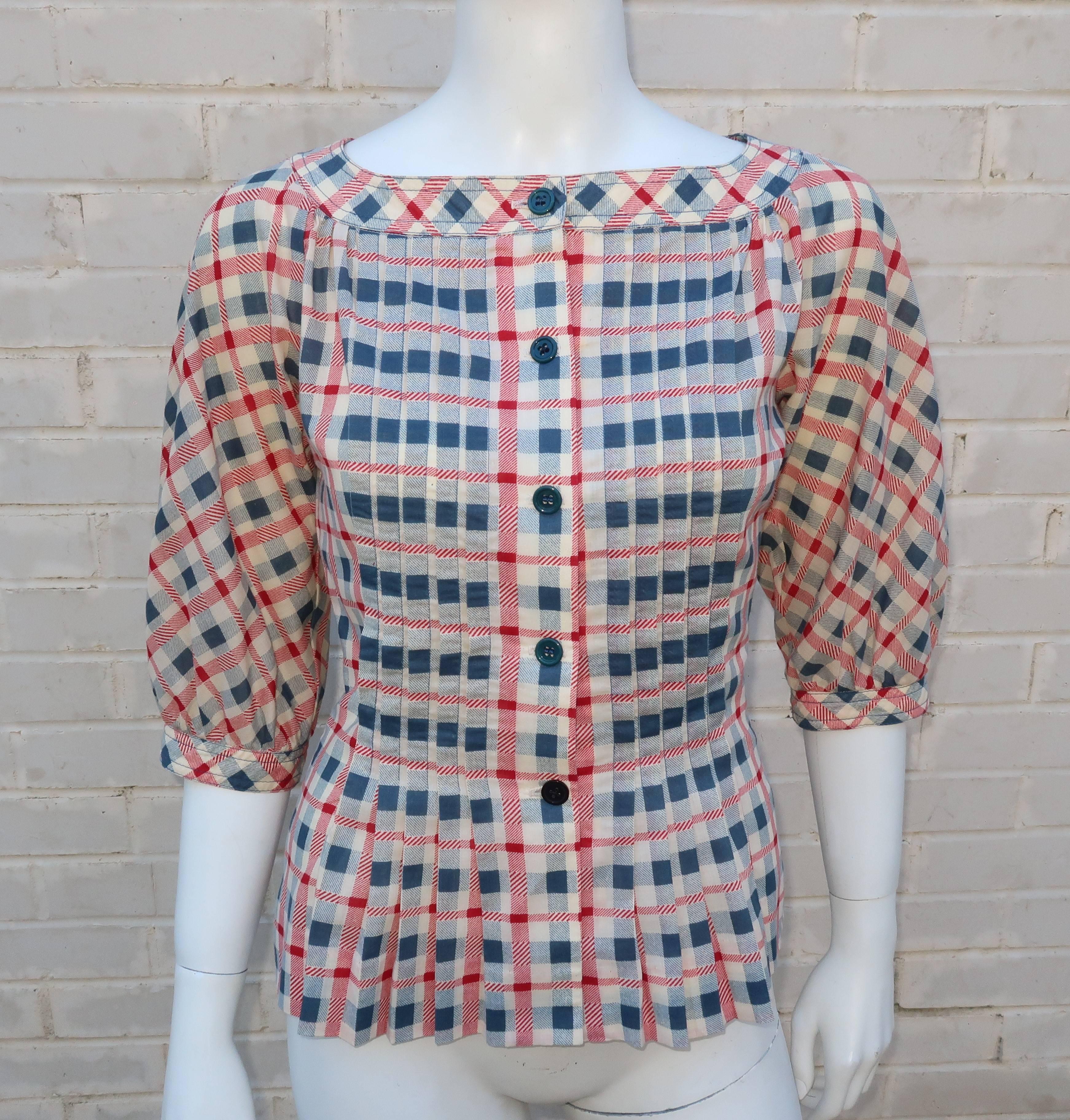 1970's Albert Nipon Pintucked Gingham Plaid Dress Set 1