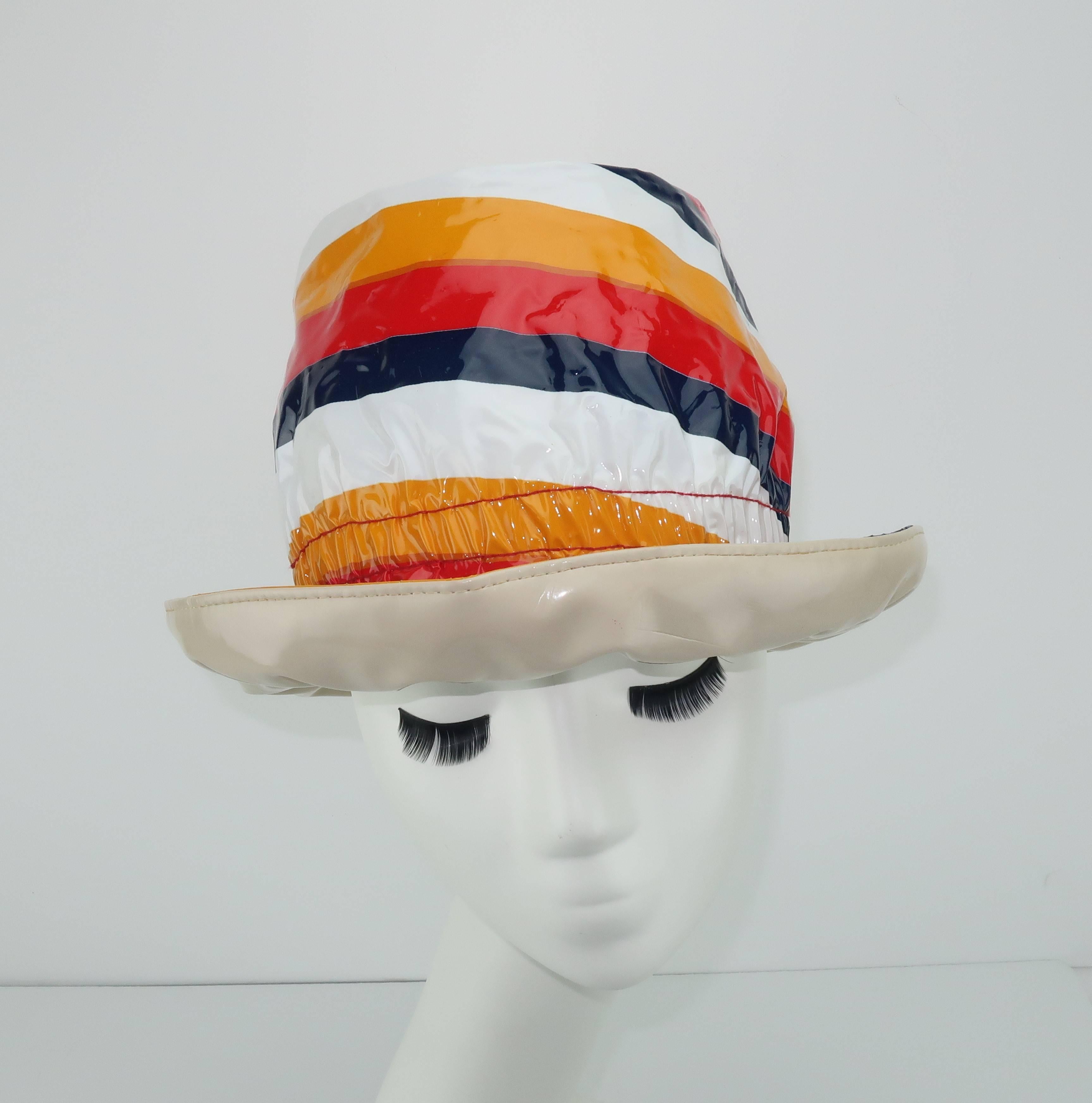 Beige C.1970 Mod Striped Plastic Rain Hat