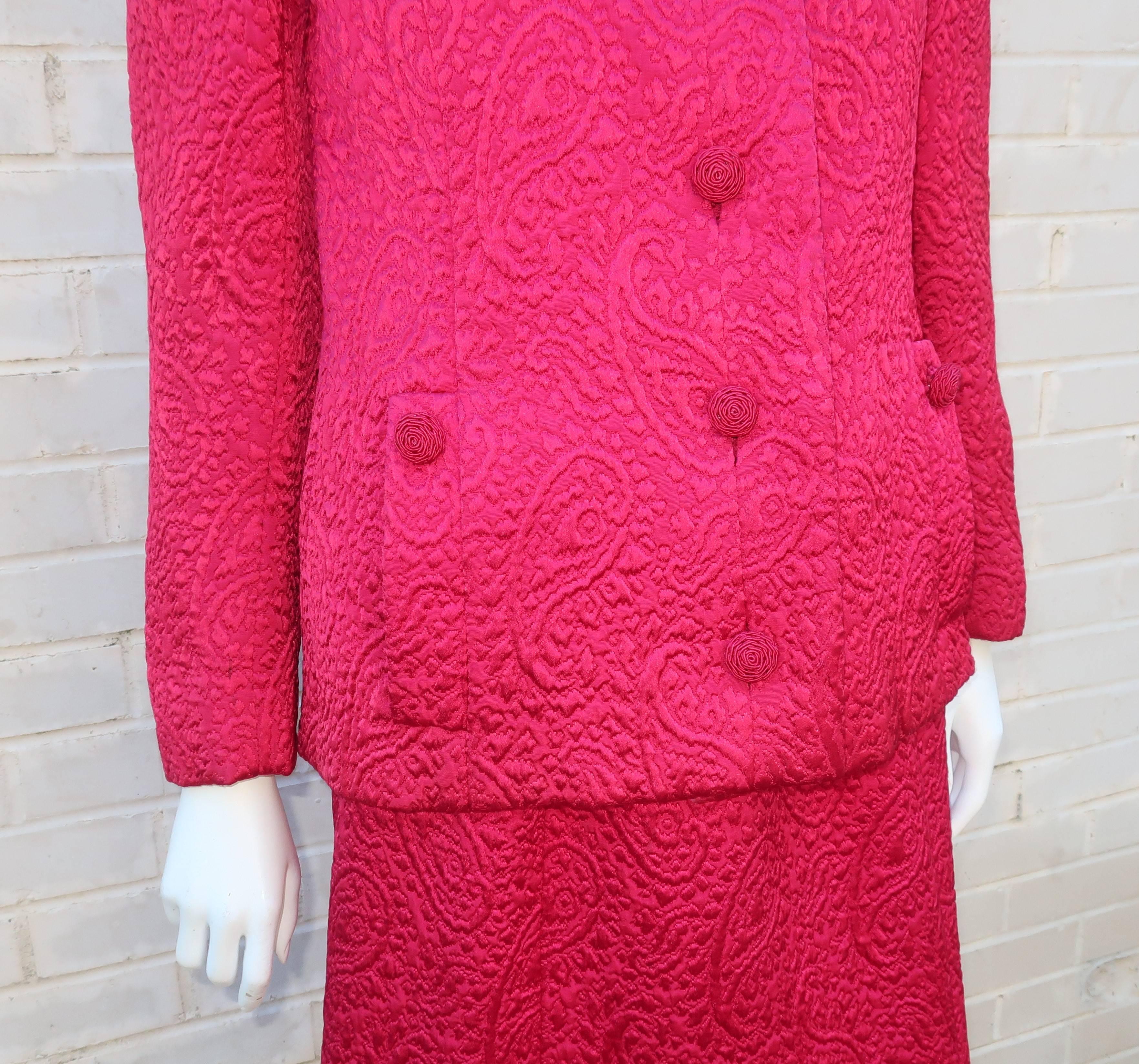 1950's Hannah Troy Fuchsia Quilted Cocktail Dress Suit 1