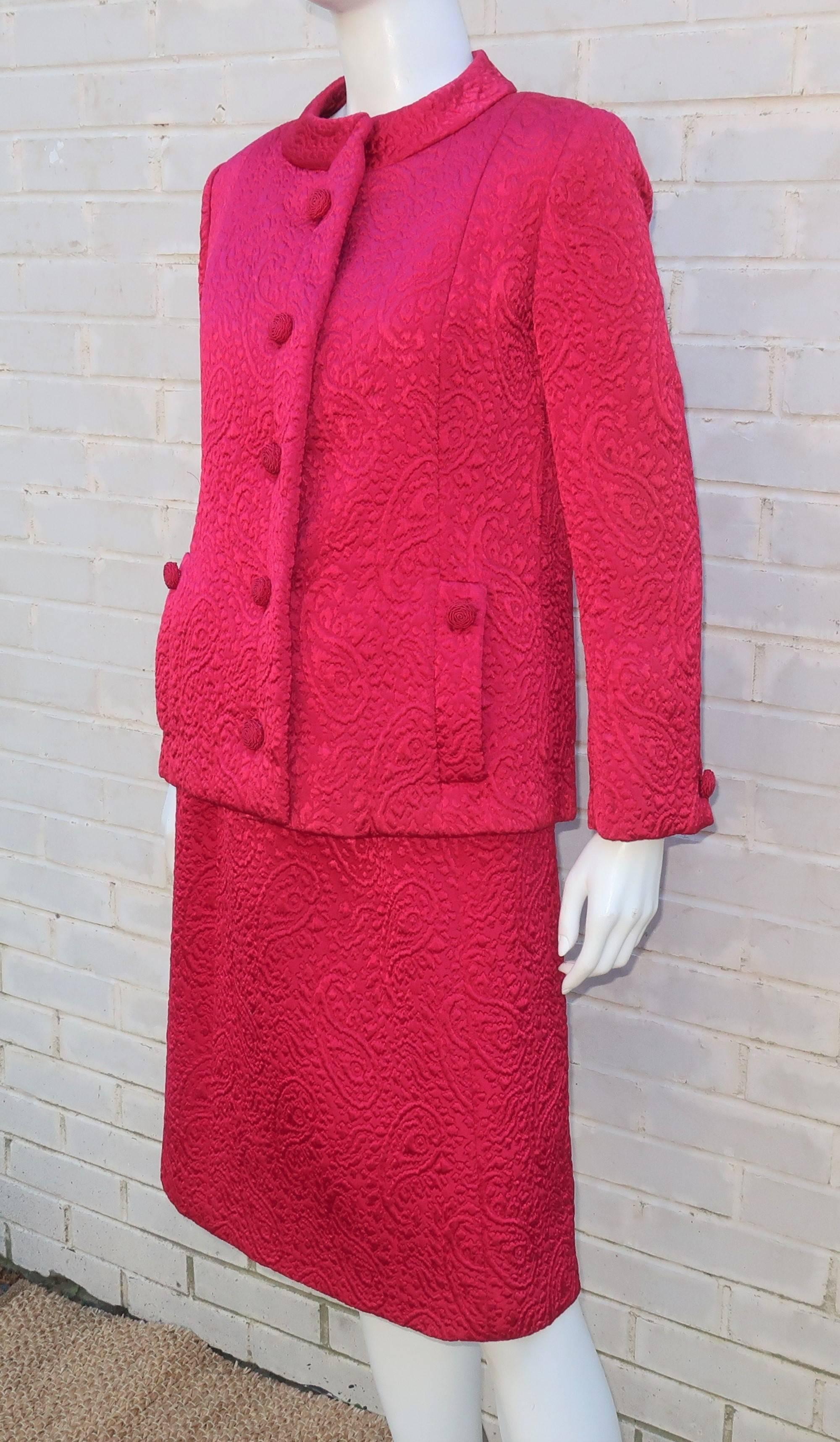 1950's Hannah Troy Fuchsia Quilted Cocktail Dress Suit In Excellent Condition In Atlanta, GA