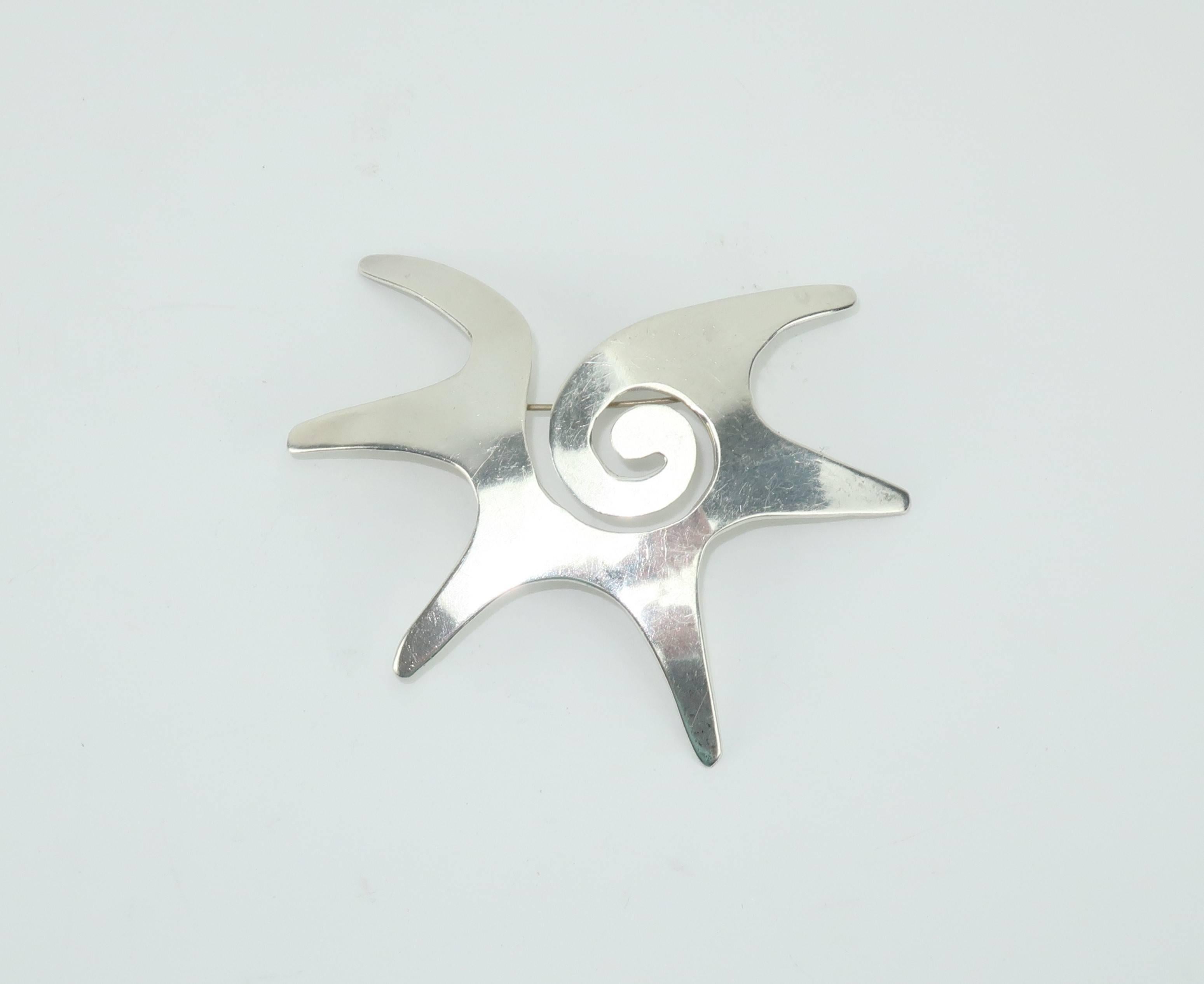 Women's or Men's 1960's Abstract Modernist Sterling Silver Taxco Brooch