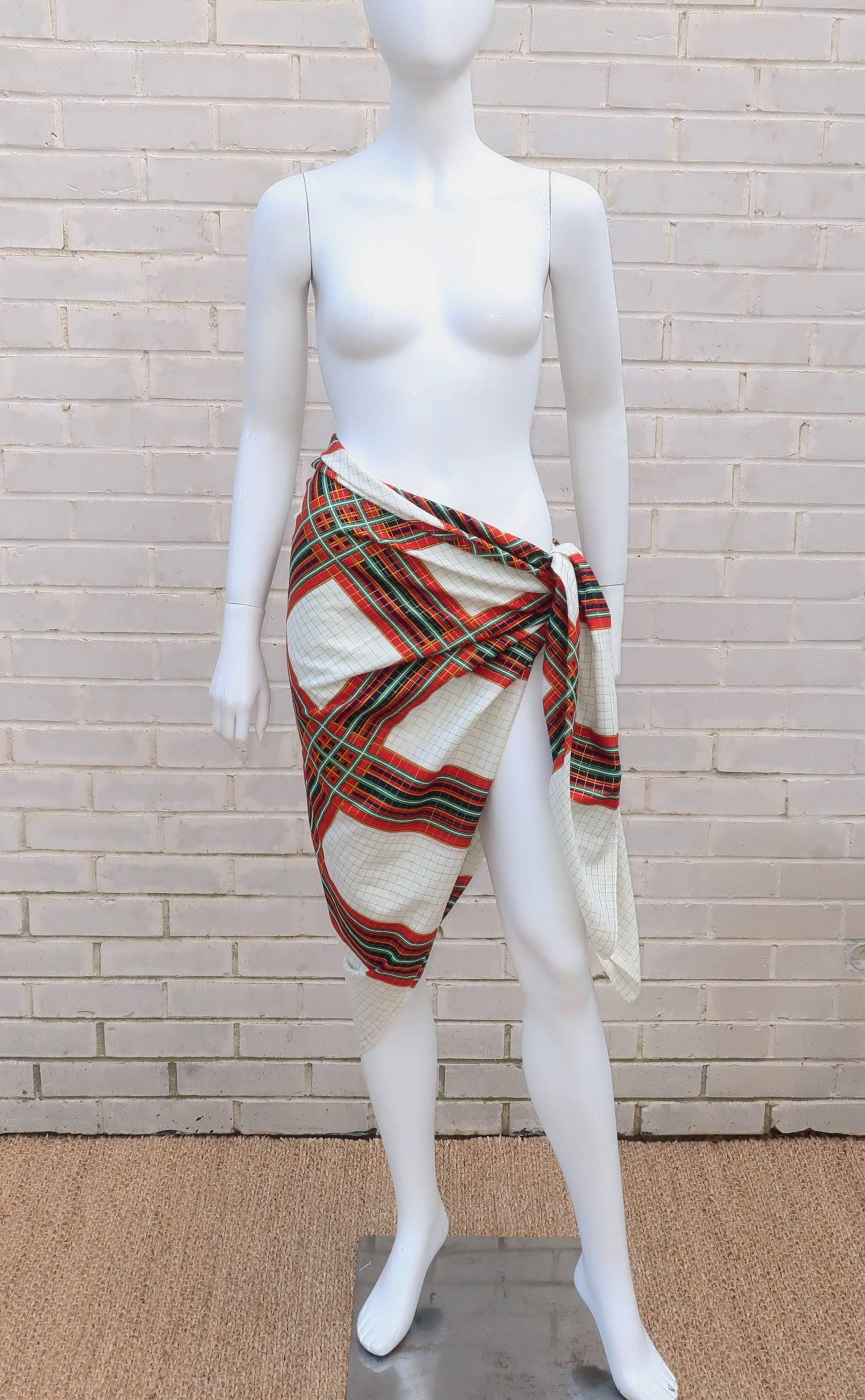 Large 1980's Yves Saint Laurent Plaid Shawl Scarf In Excellent Condition In Atlanta, GA